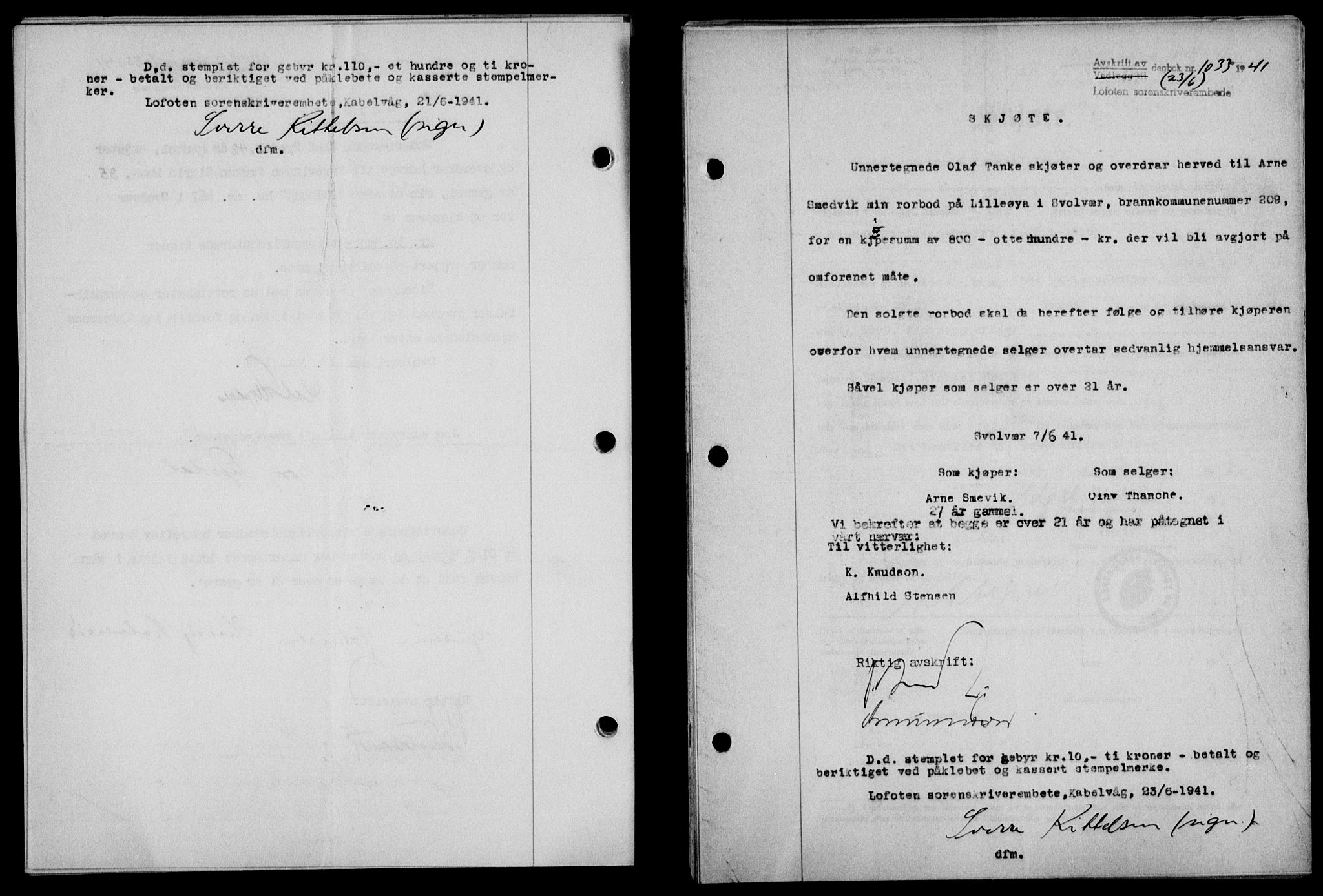 Lofoten sorenskriveri, SAT/A-0017/1/2/2C/L0008a: Mortgage book no. 8a, 1940-1941, Diary no: : 1033/1941