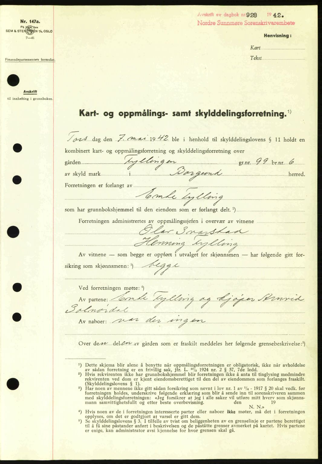 Nordre Sunnmøre sorenskriveri, AV/SAT-A-0006/1/2/2C/2Ca: Mortgage book no. A13, 1942-1942, Diary no: : 928/1942