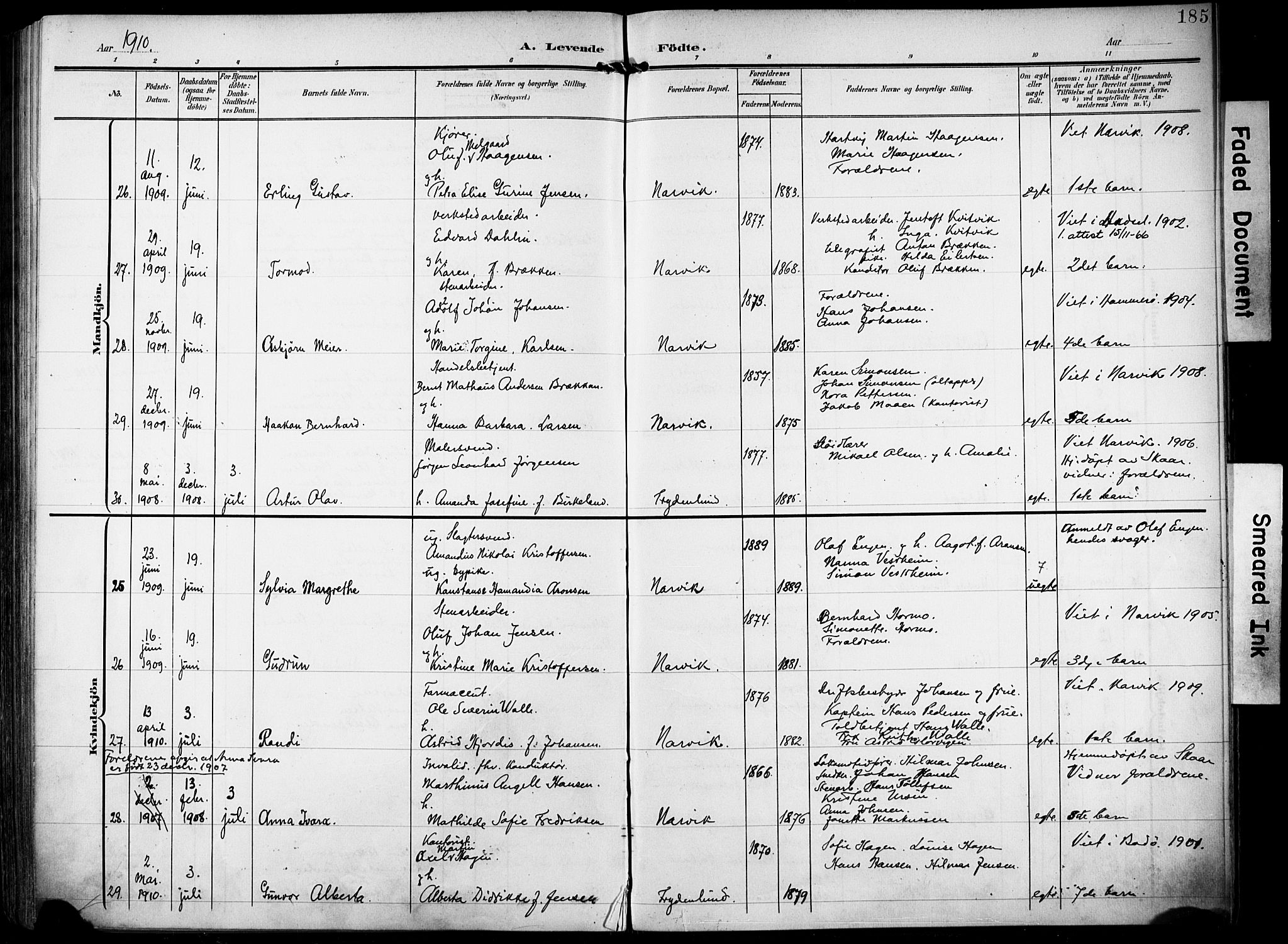 Ministerialprotokoller, klokkerbøker og fødselsregistre - Nordland, AV/SAT-A-1459/871/L0994: Parish register (official) no. 871A10, 1902-1910, p. 185