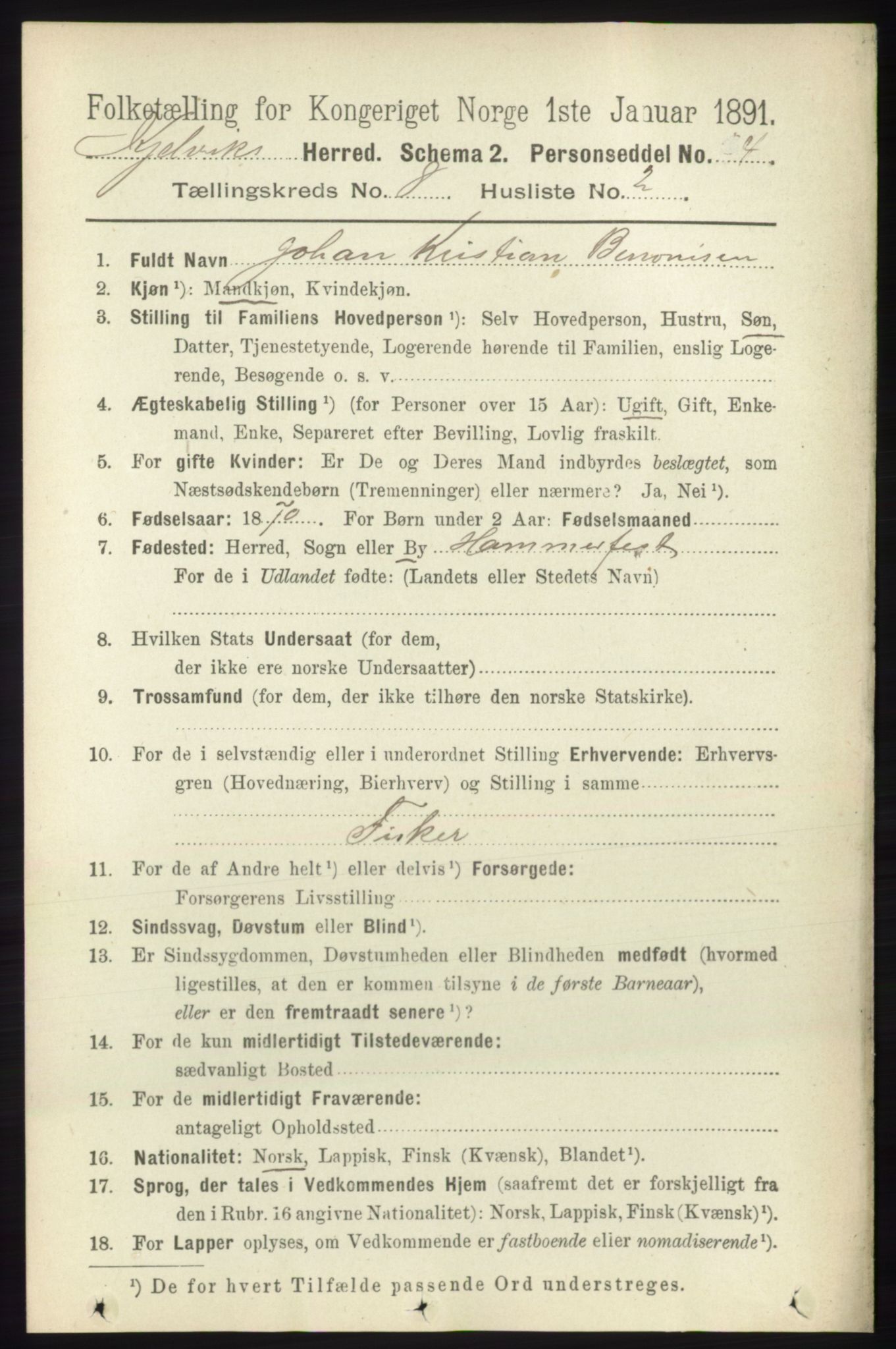 RA, 1891 census for 2019 Kjelvik, 1891, p. 1198