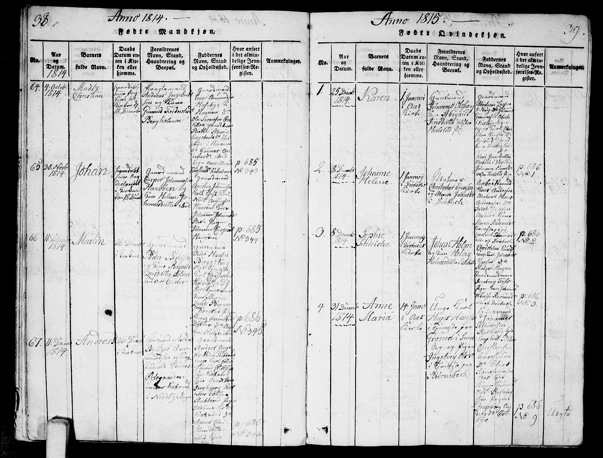 Ås prestekontor Kirkebøker, AV/SAO-A-10894/G/Ga/L0001: Parish register (copy) no. I 1, 1814-1820, p. 38-39