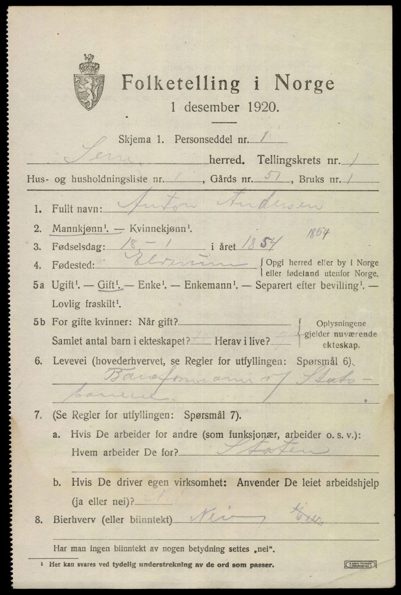 SAKO, 1920 census for Sem, 1920, p. 2779