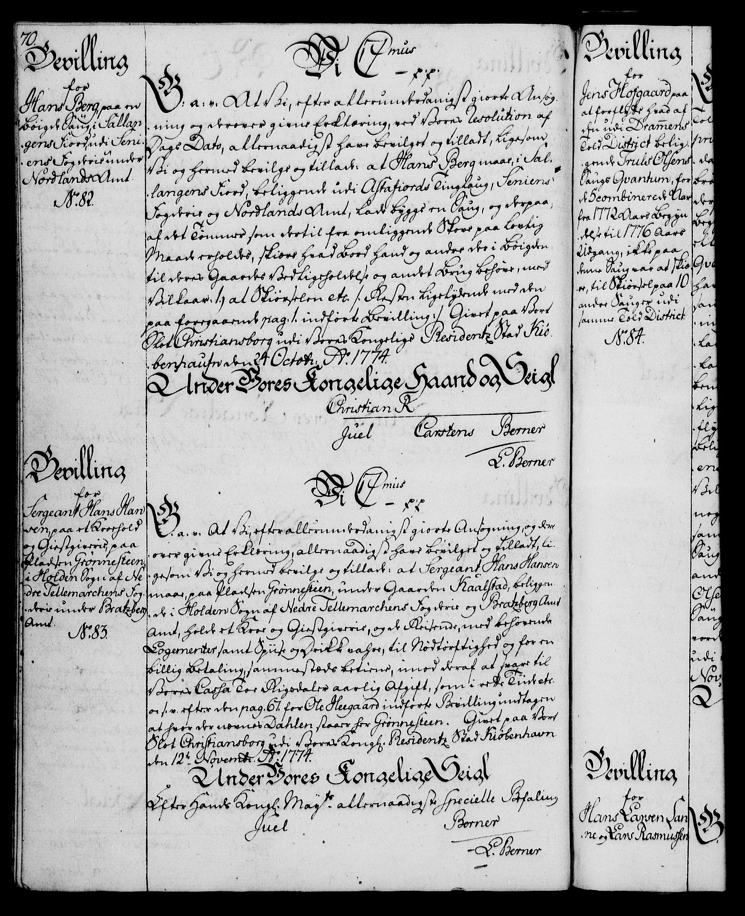 Rentekammeret, Kammerkanselliet, RA/EA-3111/G/Gg/Gga/L0010: Norsk ekspedisjonsprotokoll med register (merket RK 53.10), 1773-1778, p. 70