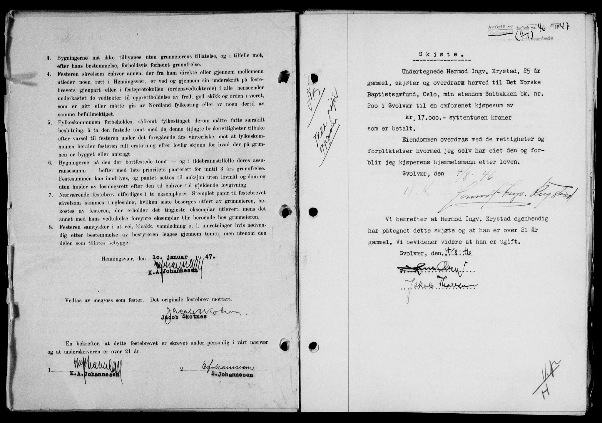Lofoten sorenskriveri, SAT/A-0017/1/2/2C/L0015a: Mortgage book no. 15a, 1946-1947, Diary no: : 46/1947