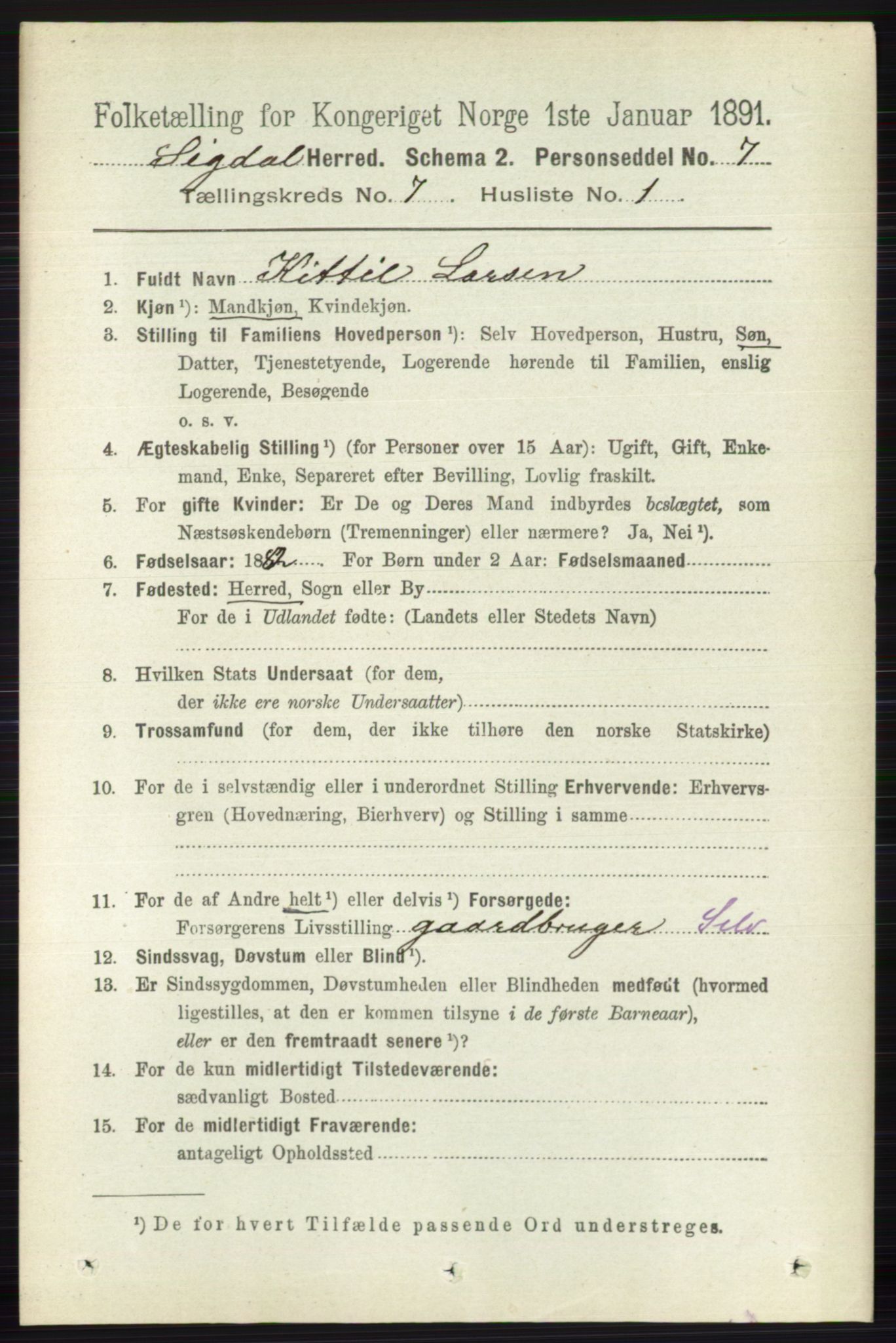 RA, 1891 census for 0621 Sigdal, 1891, p. 2723