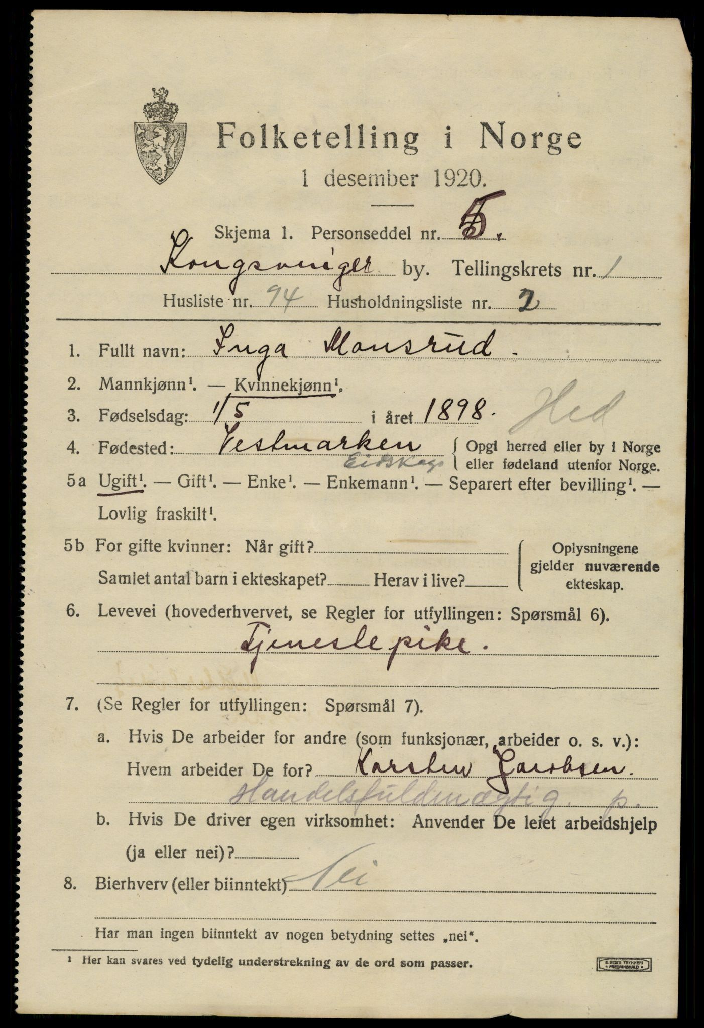 SAH, 1920 census for Kongsvinger, 1920, p. 3333