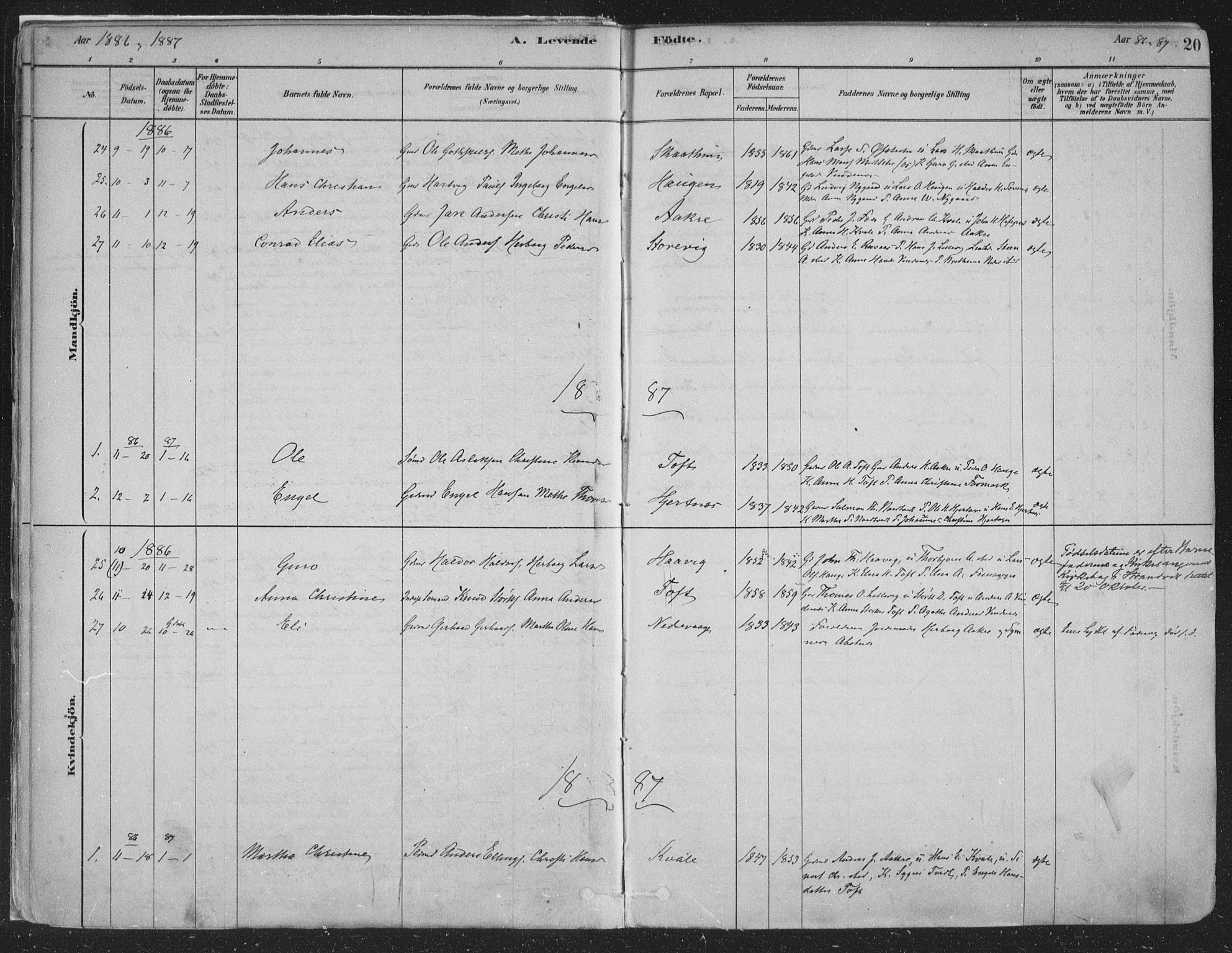 Fusa sokneprestembete, AV/SAB-A-75401/H/Haa: Parish register (official) no. D 1, 1880-1938, p. 20