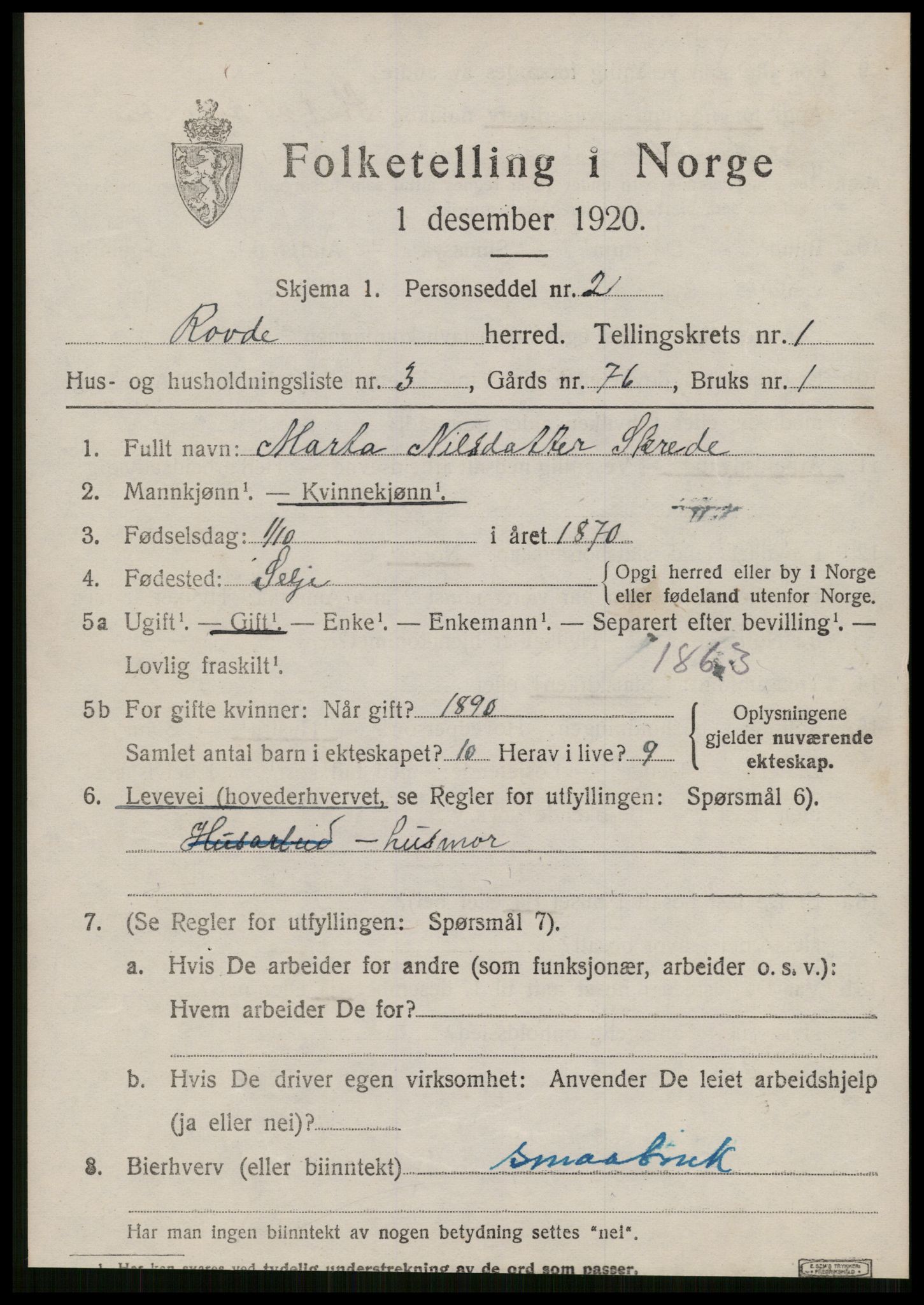 SAT, 1920 census for Rovde, 1920, p. 247