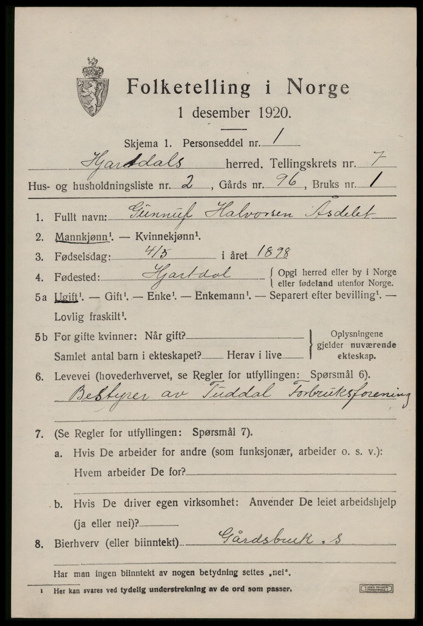 SAKO, 1920 census for Hjartdal, 1920, p. 4652