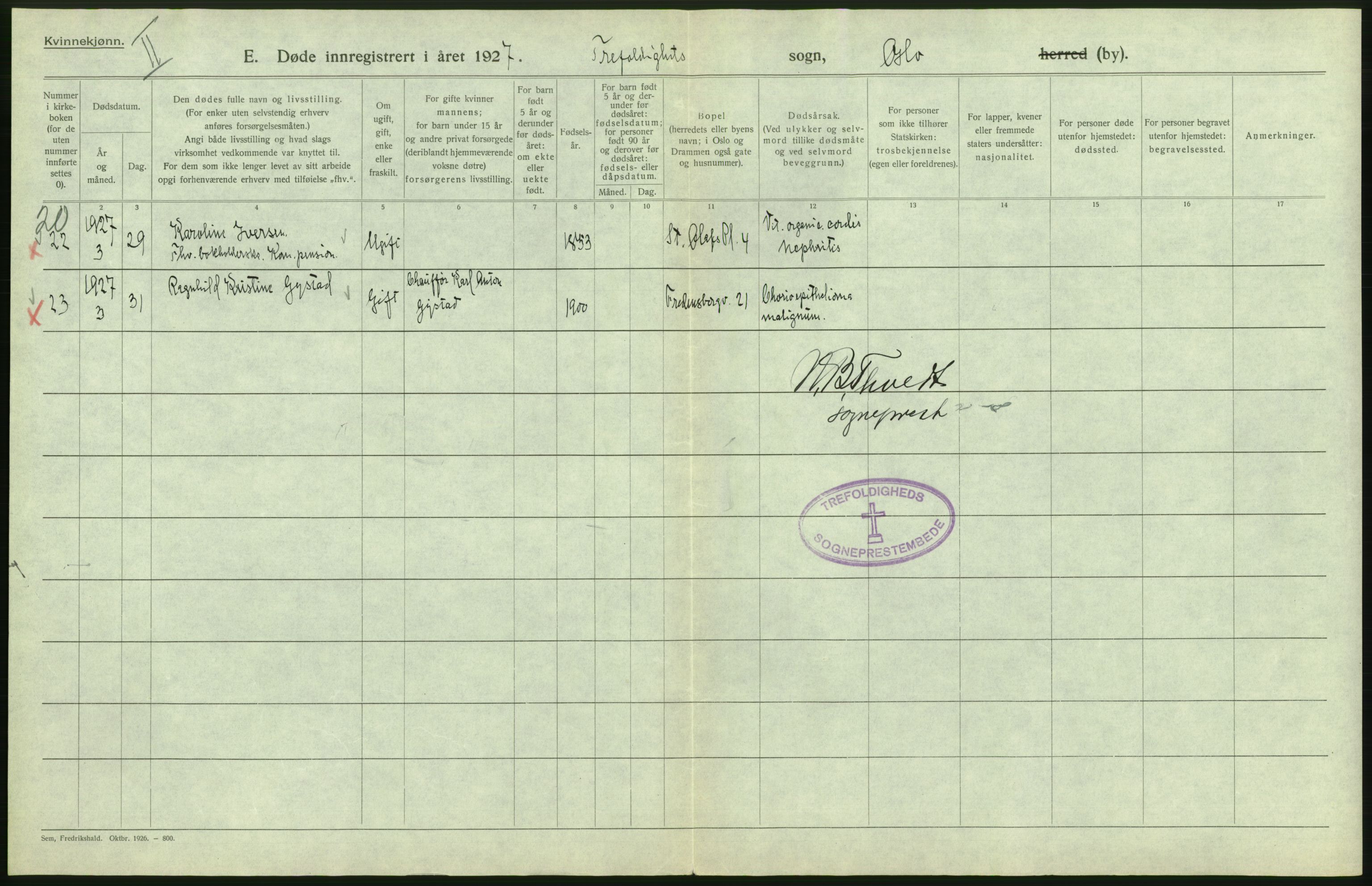 Statistisk sentralbyrå, Sosiodemografiske emner, Befolkning, AV/RA-S-2228/D/Df/Dfc/Dfcg/L0010: Oslo: Døde kvinner, dødfødte, 1927, p. 196