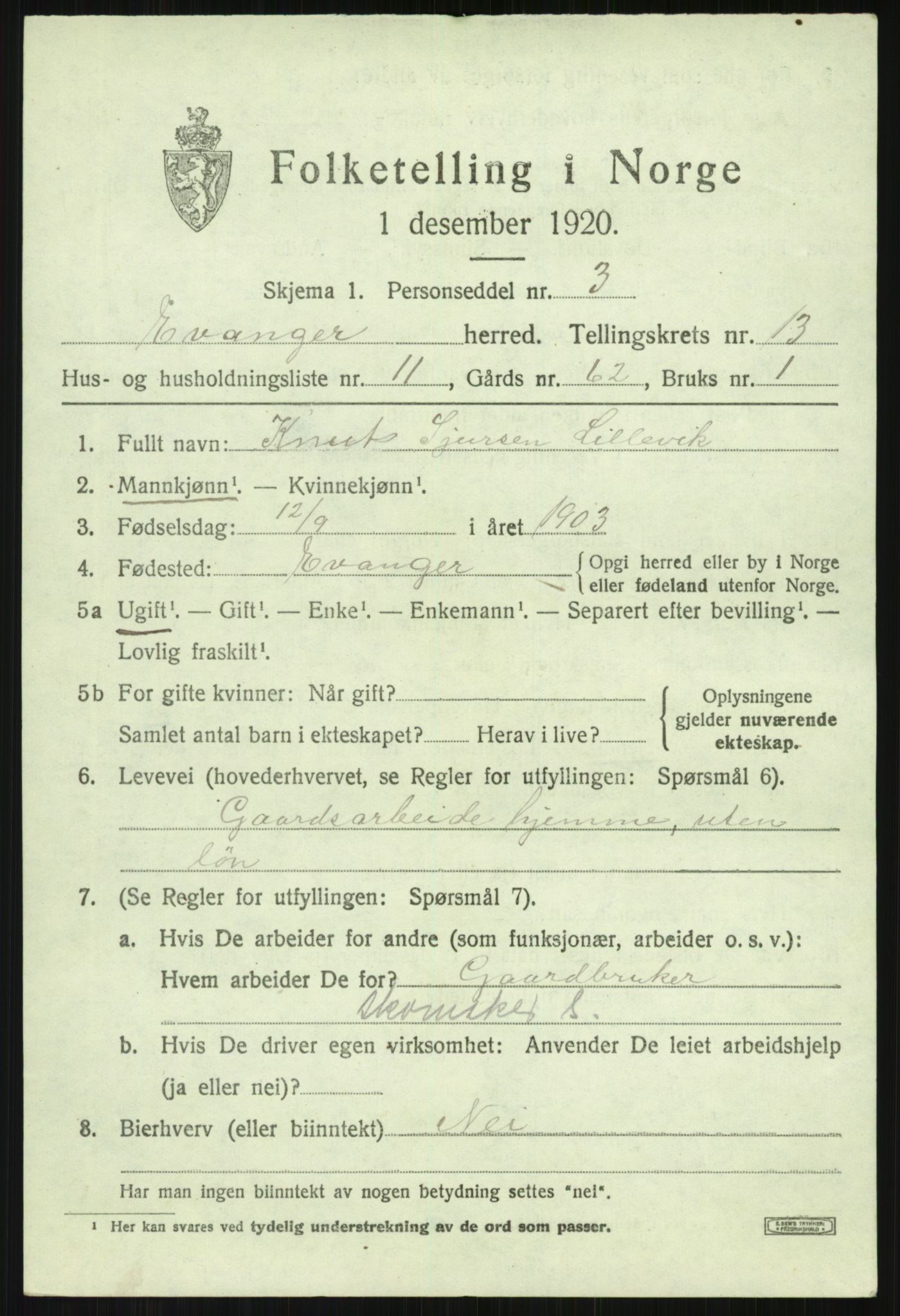 SAB, 1920 census for Evanger, 1920, p. 3965