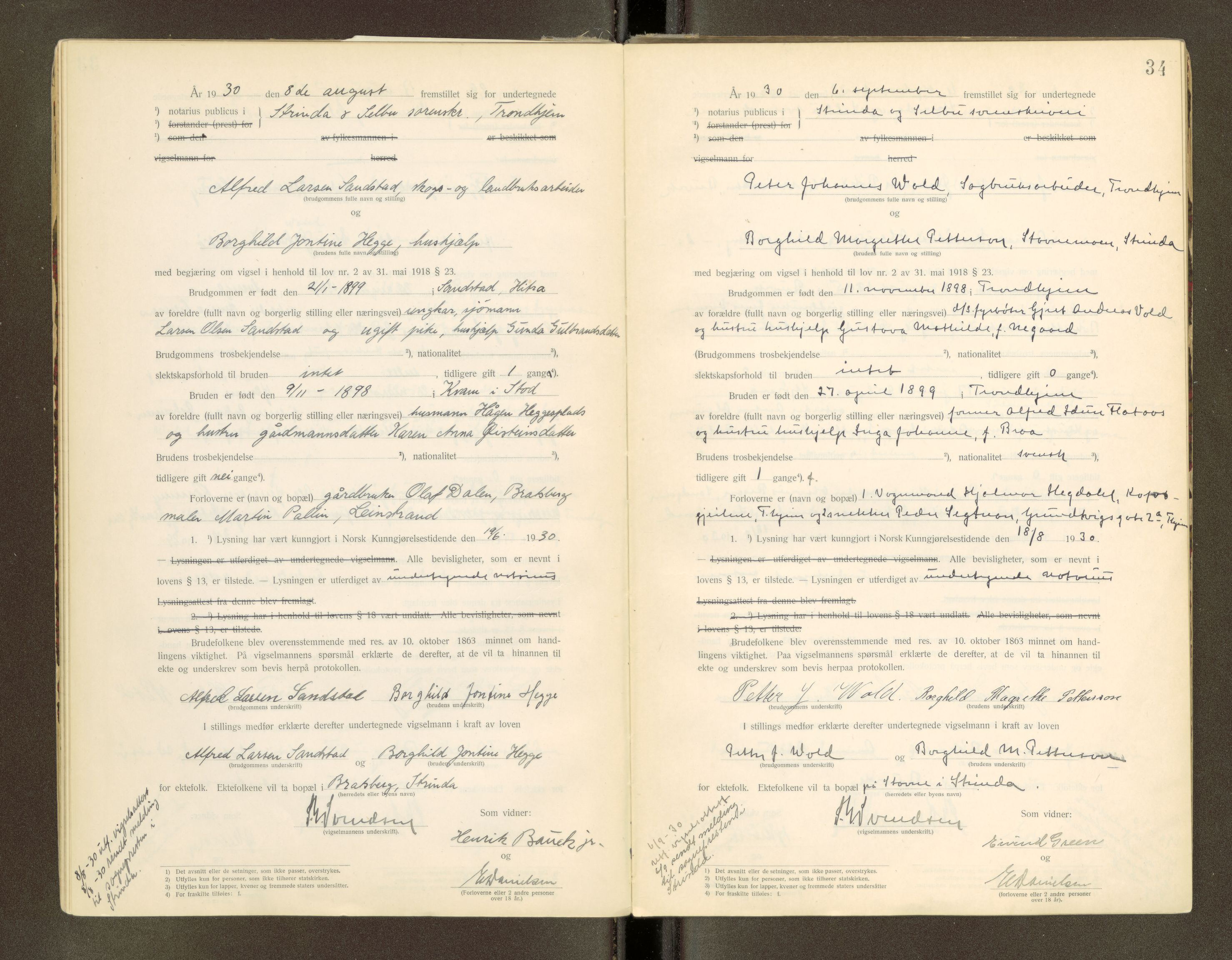 Strinda og Selbu sorenskriveri, AV/SAT-A-0015/6/6D/L0003: Vigselsbok, 1920-1942, p. 34
