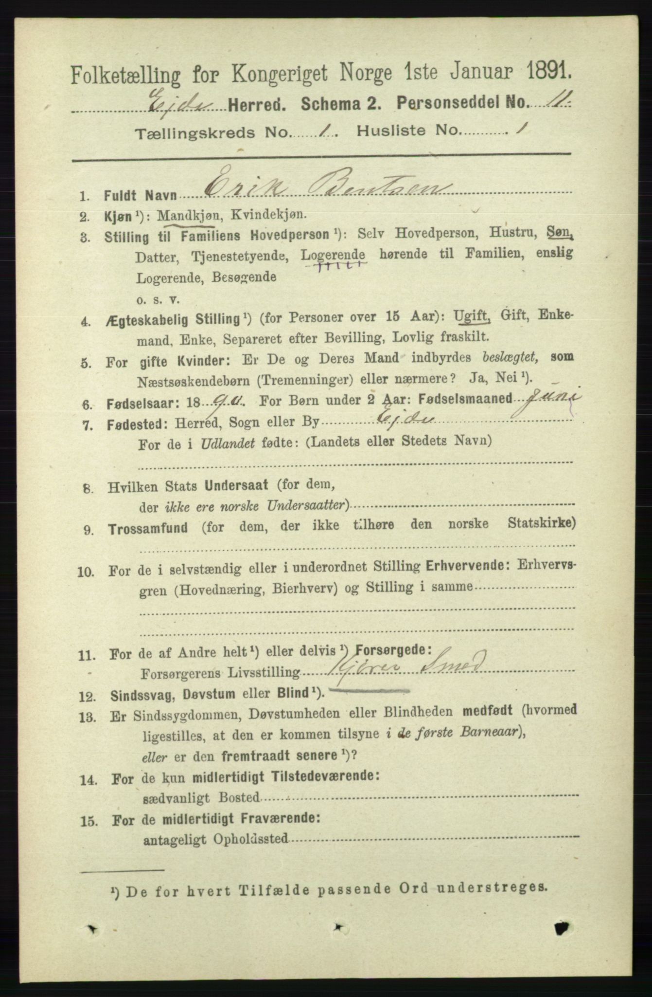 RA, 1891 census for 0925 Eide, 1891, p. 62