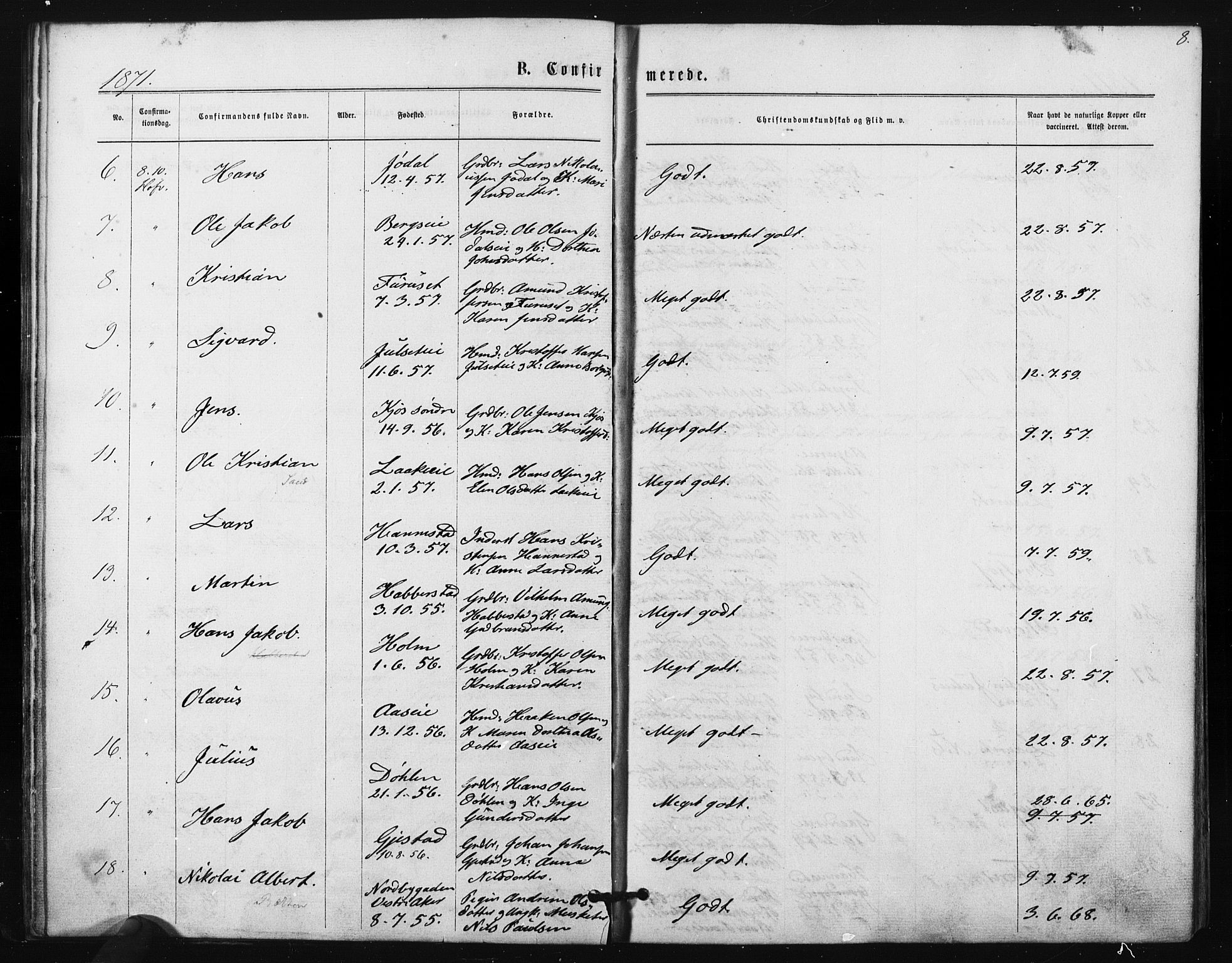 Ullensaker prestekontor Kirkebøker, AV/SAO-A-10236a/F/Fa/L0017: Parish register (official) no. I 17, 1871-1875, p. 8