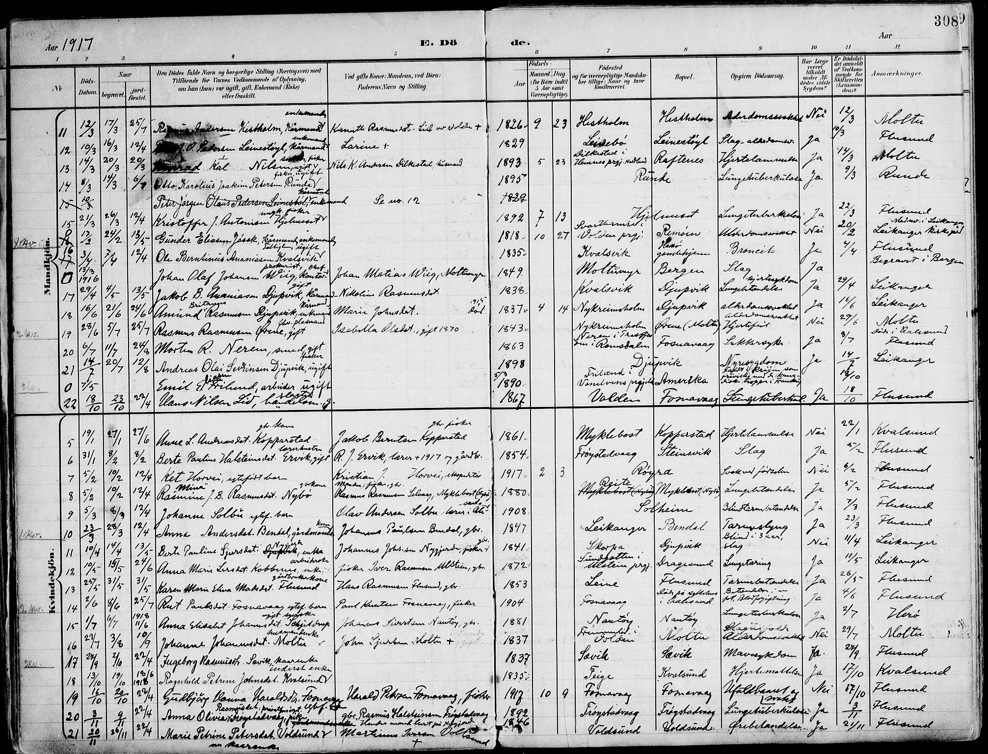 Ministerialprotokoller, klokkerbøker og fødselsregistre - Møre og Romsdal, SAT/A-1454/507/L0075: Parish register (official) no. 507A10, 1901-1920, p. 308
