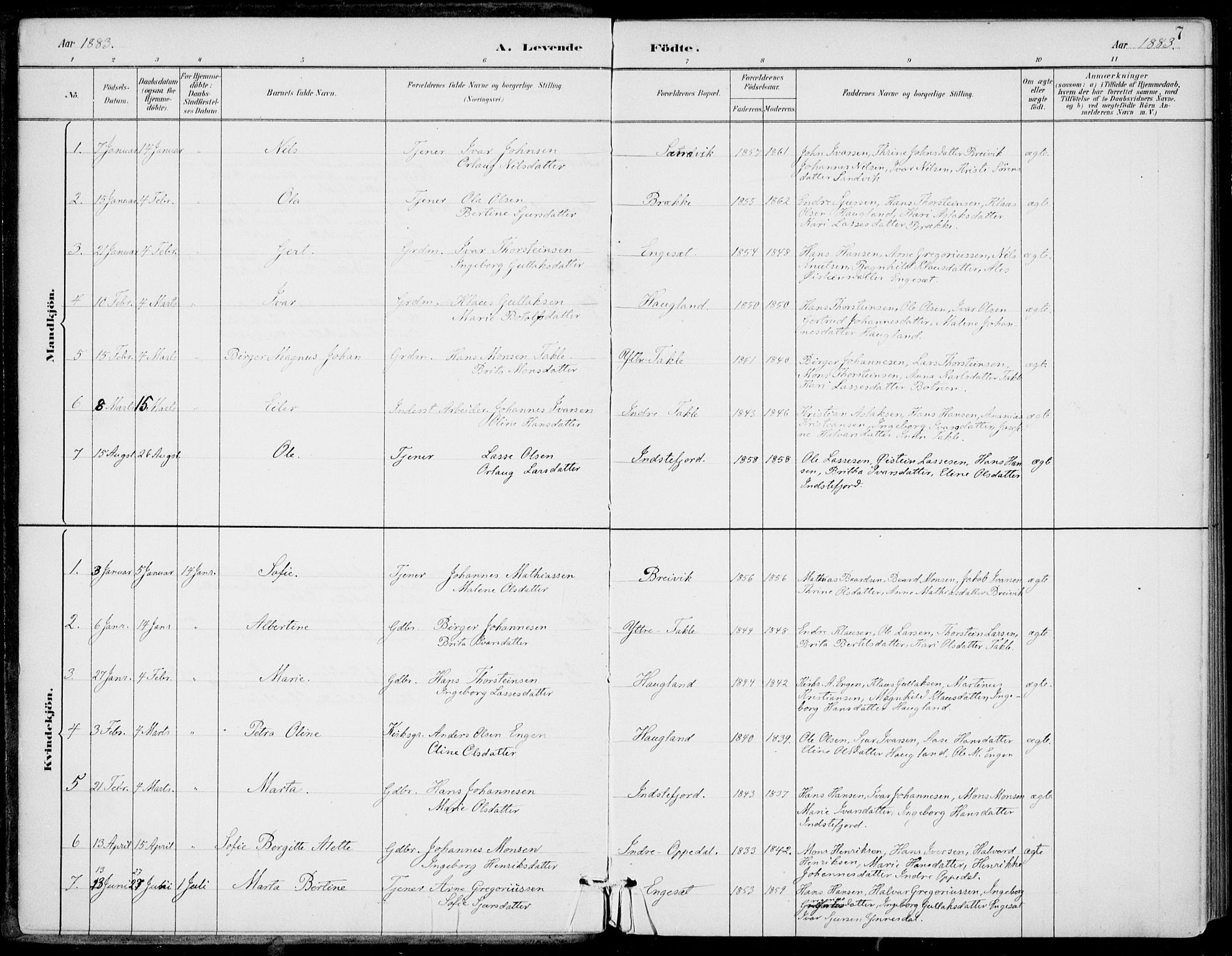 Gulen sokneprestembete, AV/SAB-A-80201/H/Haa/Haac/L0002: Parish register (official) no. C  2, 1882-1914, p. 7