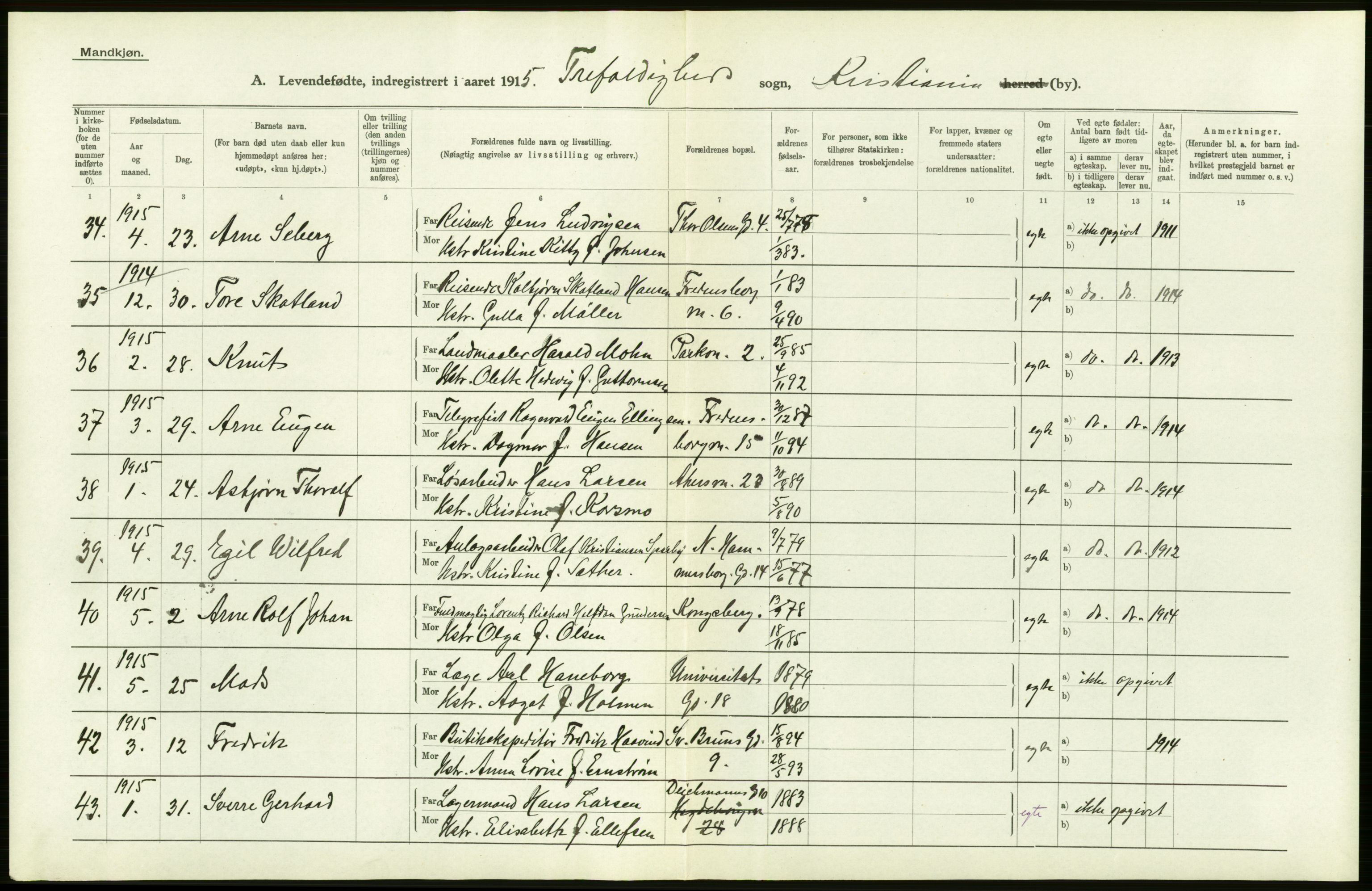 Statistisk sentralbyrå, Sosiodemografiske emner, Befolkning, AV/RA-S-2228/D/Df/Dfb/Dfbe/L0007: Kristiania: Levendefødte menn og kvinner., 1915, p. 390