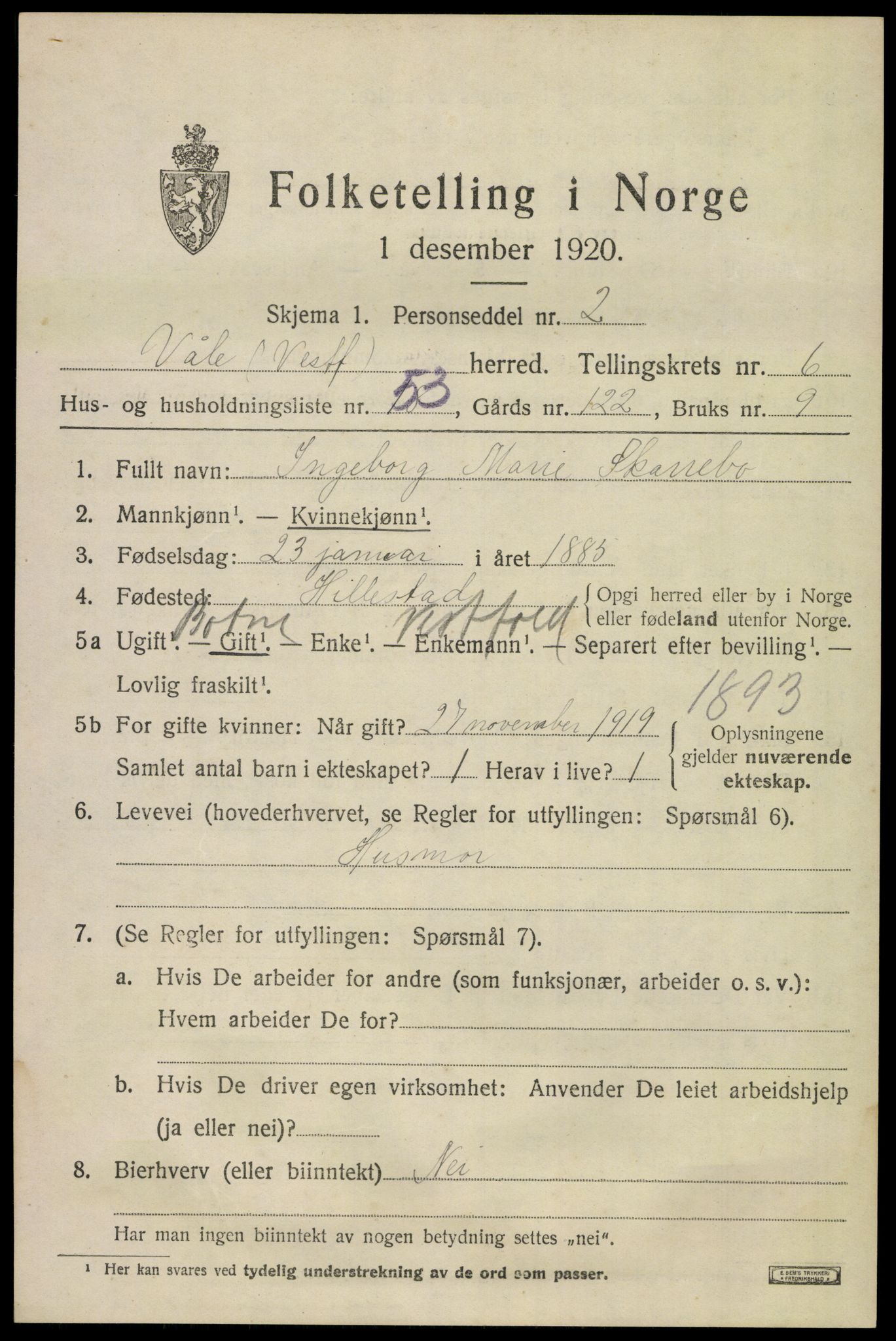 SAKO, 1920 census for Våle, 1920, p. 5486