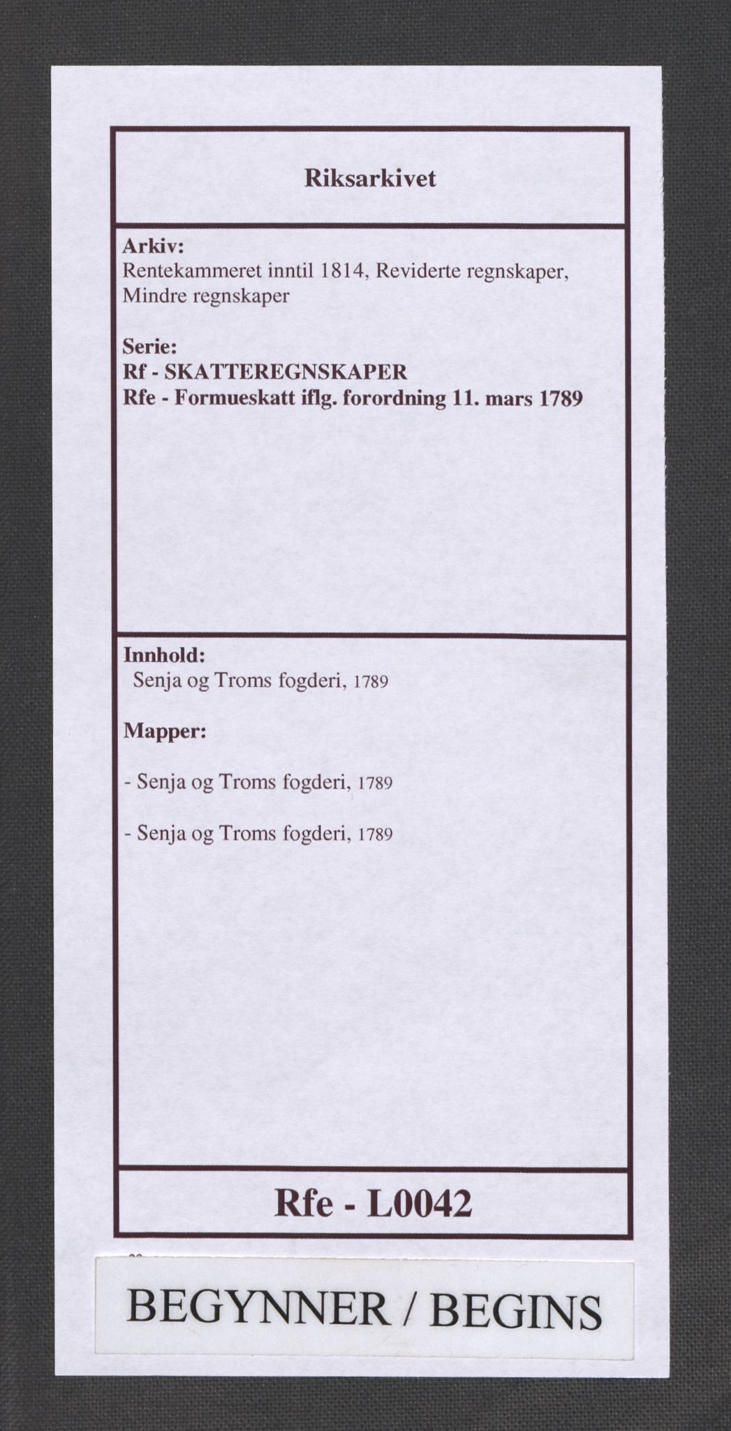 Rentekammeret inntil 1814, Reviderte regnskaper, Mindre regnskaper, AV/RA-EA-4068/Rf/Rfe/L0042:  Senja og Troms fogderi, 1789, p. 1