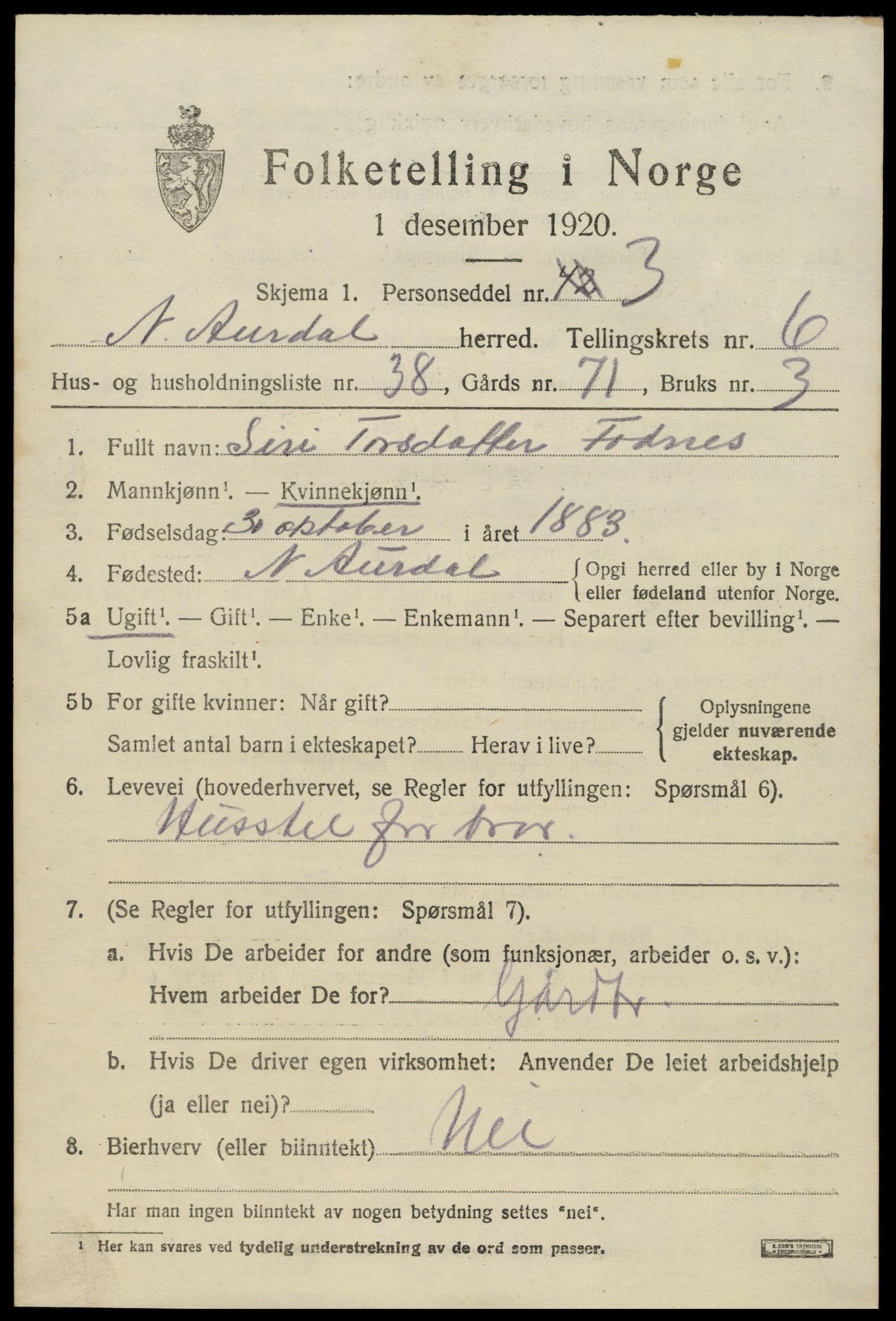 SAH, 1920 census for Nord-Aurdal, 1920, p. 5952