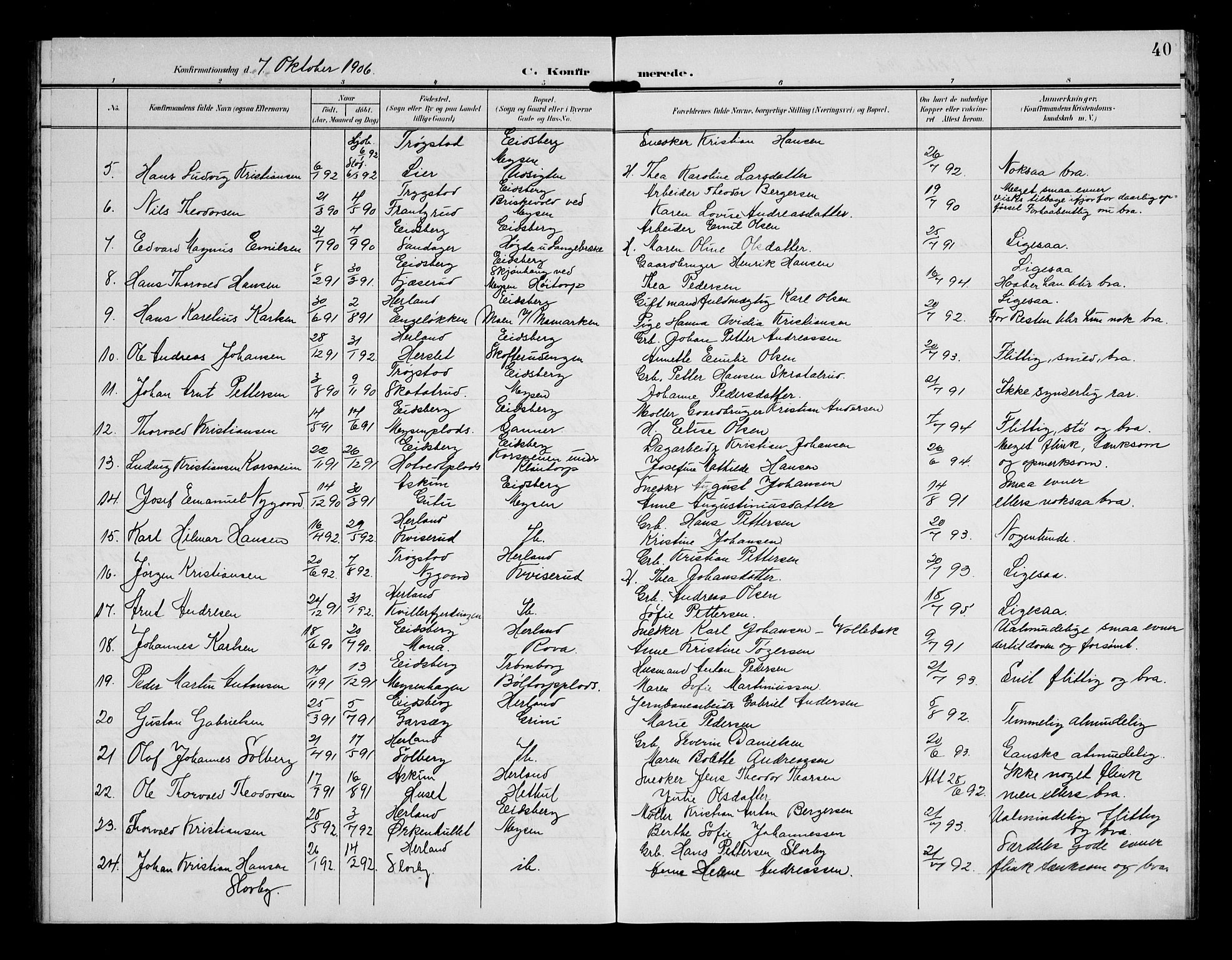 Eidsberg prestekontor Kirkebøker, SAO/A-10905/G/Gb/L0001: Parish register (copy) no. II 1, 1903-1914, p. 40