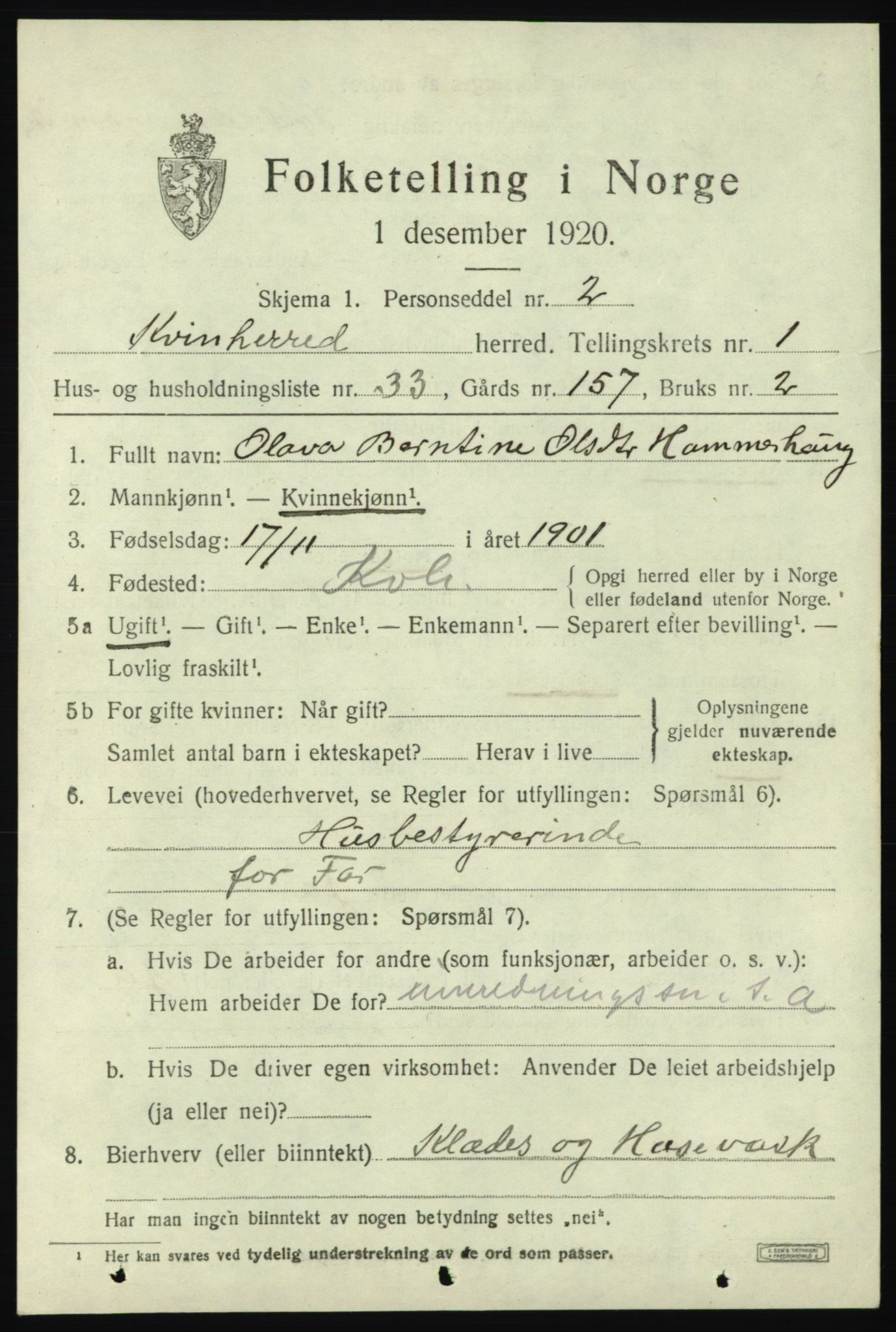 SAB, 1920 census for Kvinnherad, 1920, p. 4070