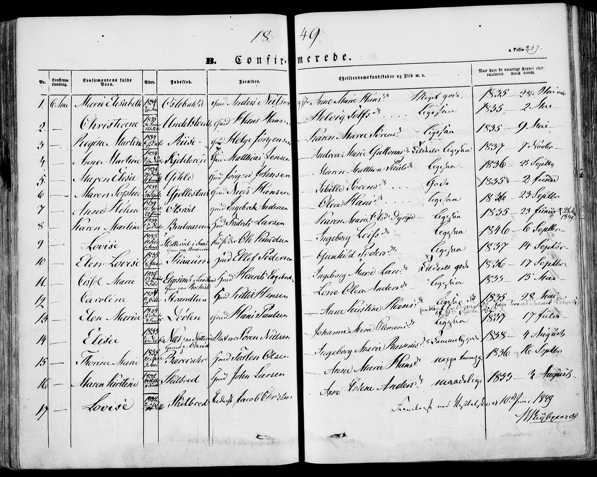 Stokke kirkebøker, AV/SAKO-A-320/F/Fa/L0007: Parish register (official) no. I 7, 1844-1857, p. 239