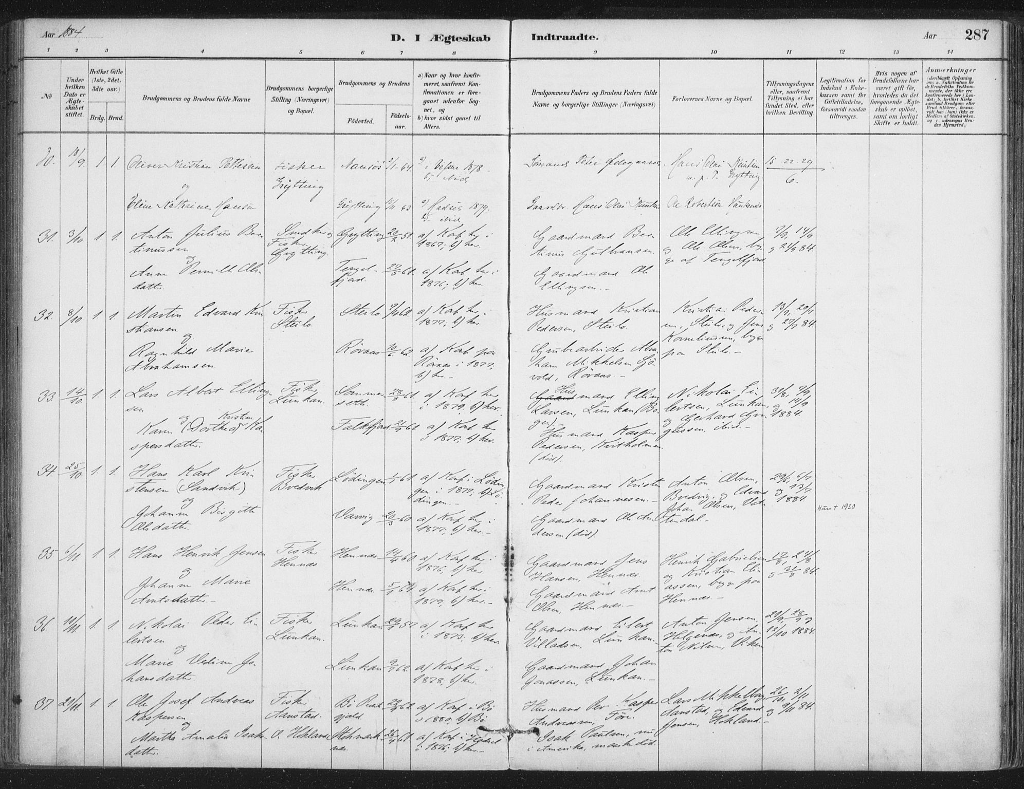 Ministerialprotokoller, klokkerbøker og fødselsregistre - Nordland, AV/SAT-A-1459/888/L1244: Parish register (official) no. 888A10, 1880-1890, p. 287