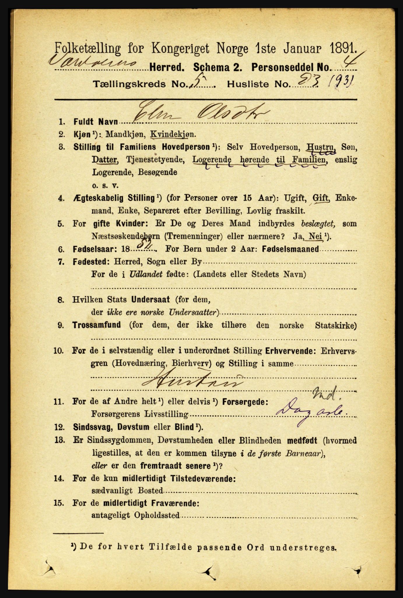 RA, 1891 census for 1721 Verdal, 1891, p. 3489