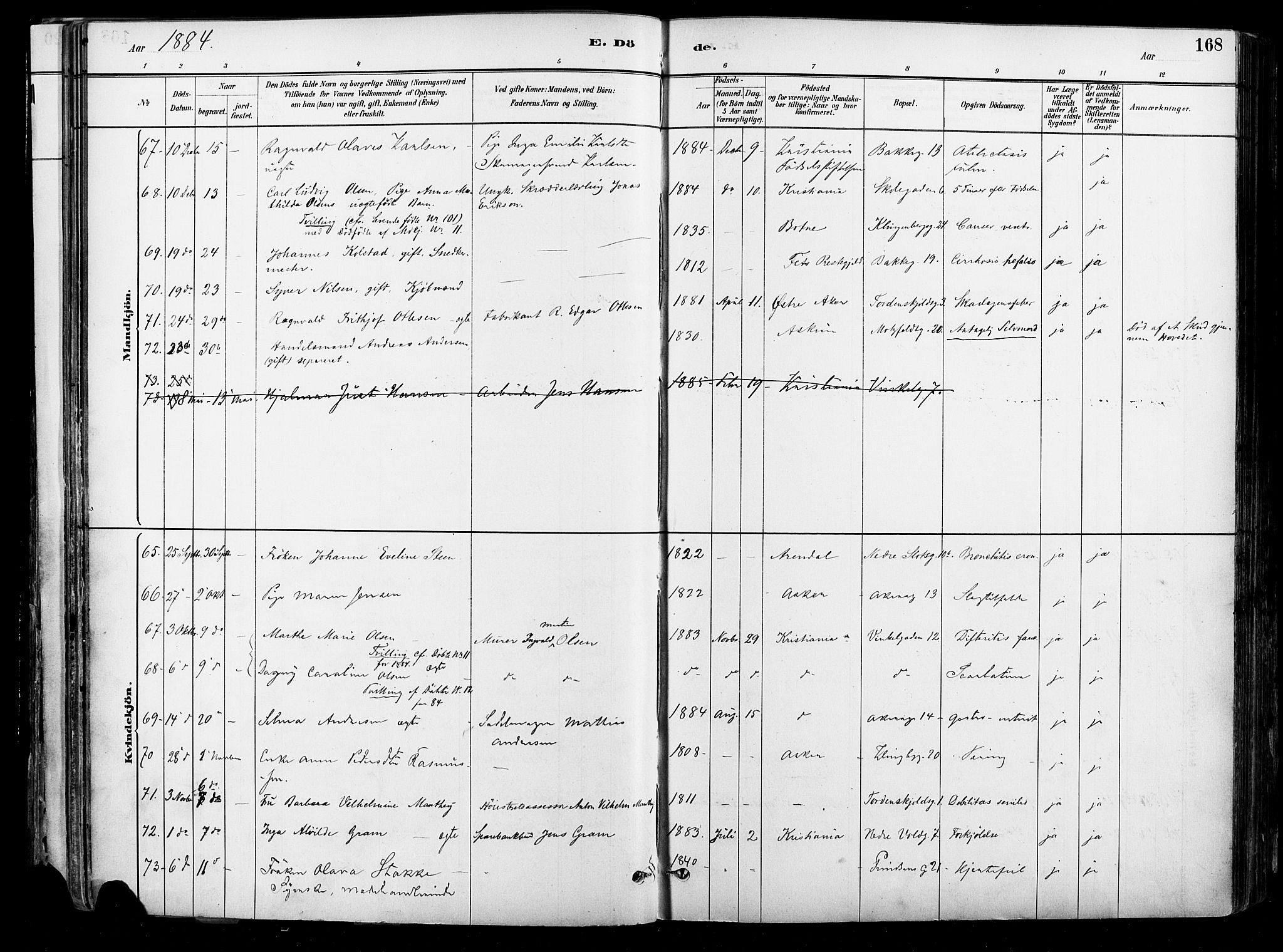 Johannes prestekontor Kirkebøker, AV/SAO-A-10852/F/Fa/L0004: Parish register (official) no. 4, 1883-1907, p. 168