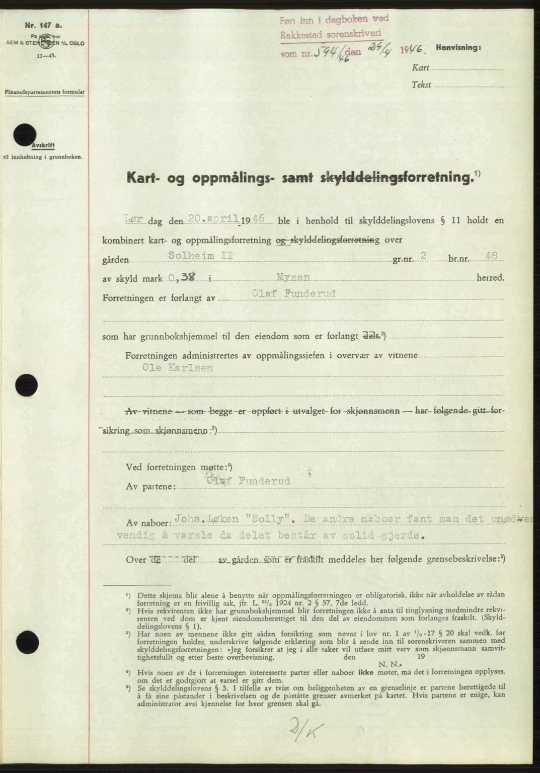 Rakkestad sorenskriveri, SAO/A-10686/G/Gb/Gba/Gbab/L0012a: Mortgage book no. A12 I, 1945-1946, Diary no: : 594/1946