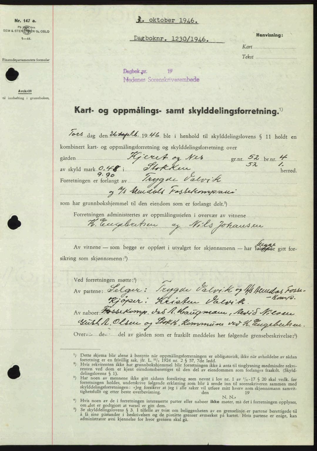 Nedenes sorenskriveri, AV/SAK-1221-0006/G/Gb/Gba/L0056: Mortgage book no. A8, 1946-1947, Diary no: : 1230/1946