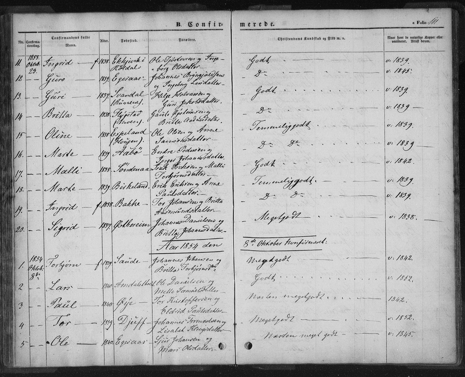 Sand sokneprestkontor, AV/SAST-A-101848/01/III/L0002: Parish register (official) no. A 2, 1838-1859, p. 111