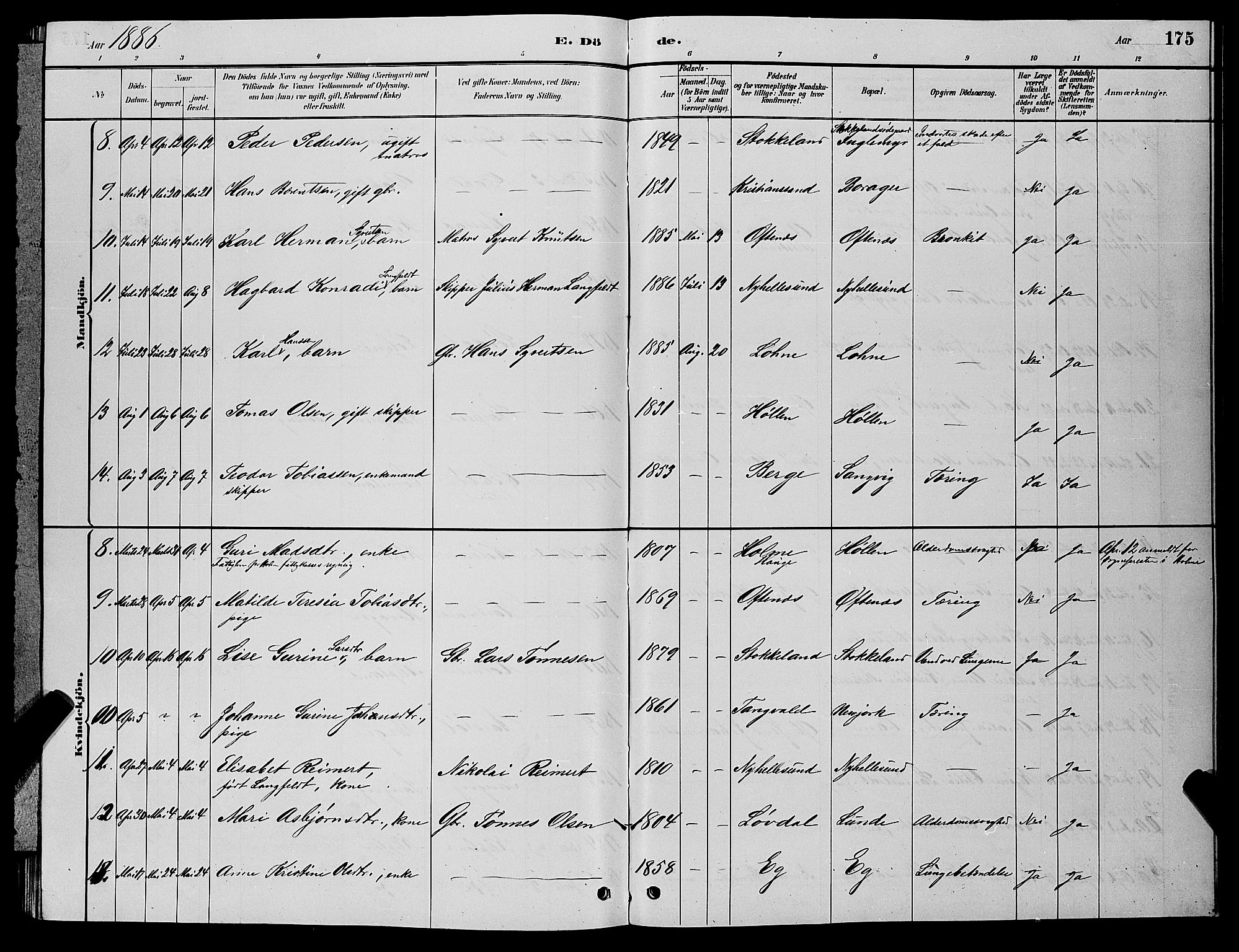 Søgne sokneprestkontor, SAK/1111-0037/F/Fb/Fbb/L0005: Parish register (copy) no. B 5, 1884-1891, p. 175