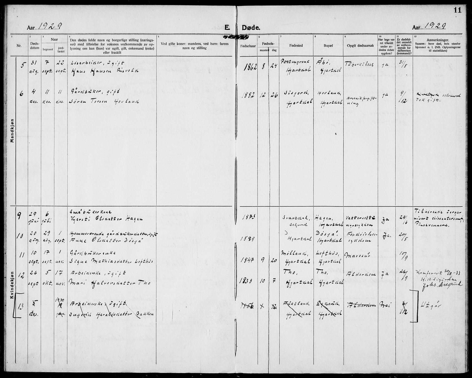 Hjartdal kirkebøker, AV/SAKO-A-270/F/Fa/L0012: Parish register (official) no. I 12, 1923-1930, p. 11