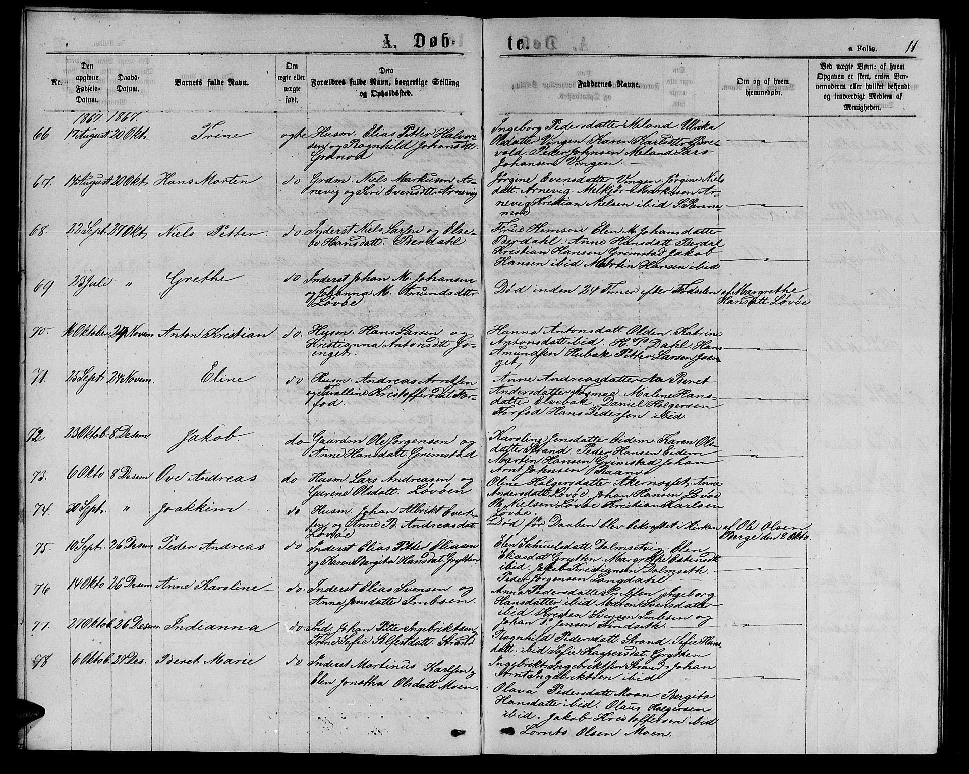 Ministerialprotokoller, klokkerbøker og fødselsregistre - Sør-Trøndelag, AV/SAT-A-1456/655/L0686: Parish register (copy) no. 655C02, 1866-1879, p. 11