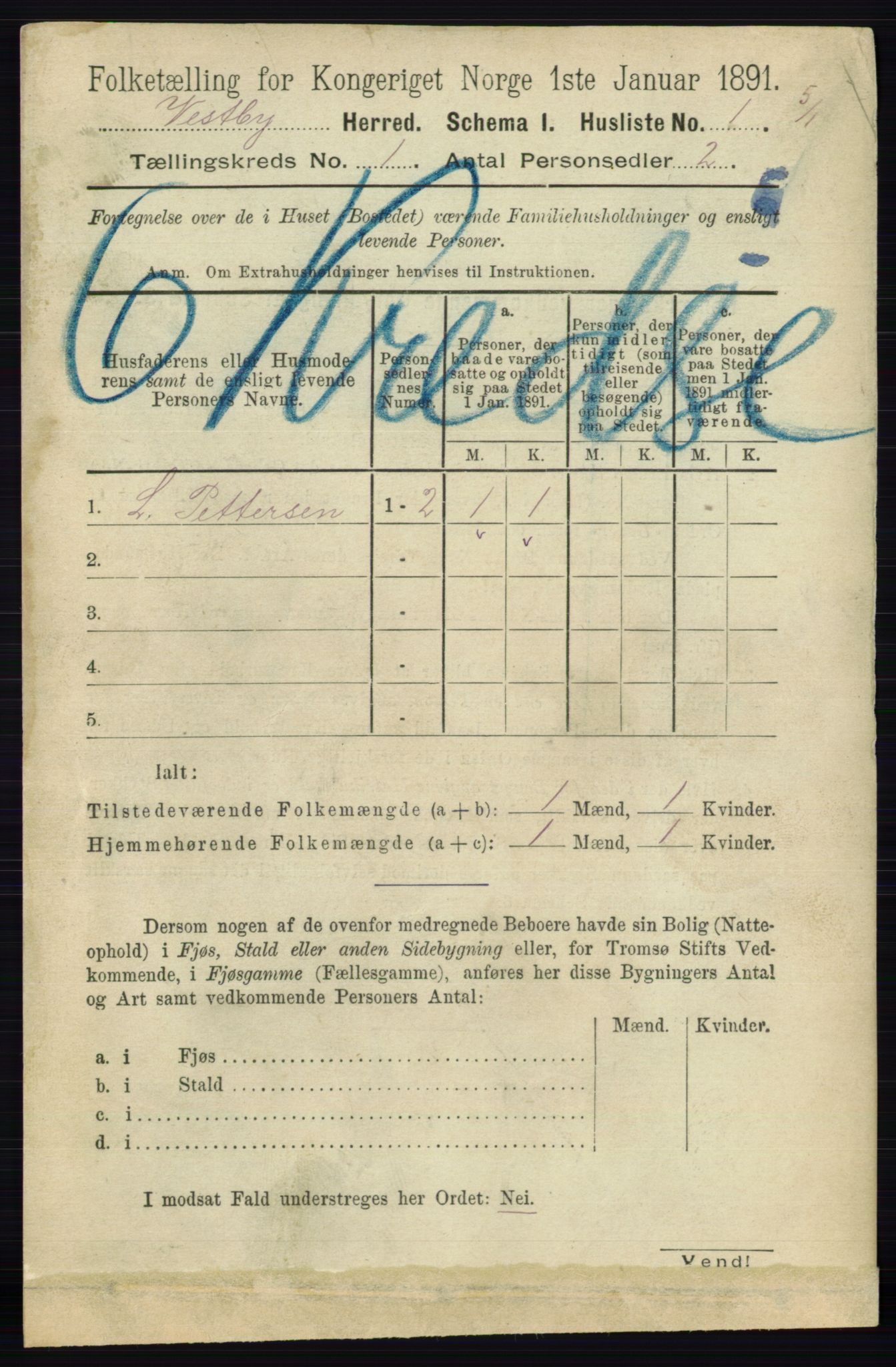 RA, 1891 census for 0211 Vestby, 1891, p. 22