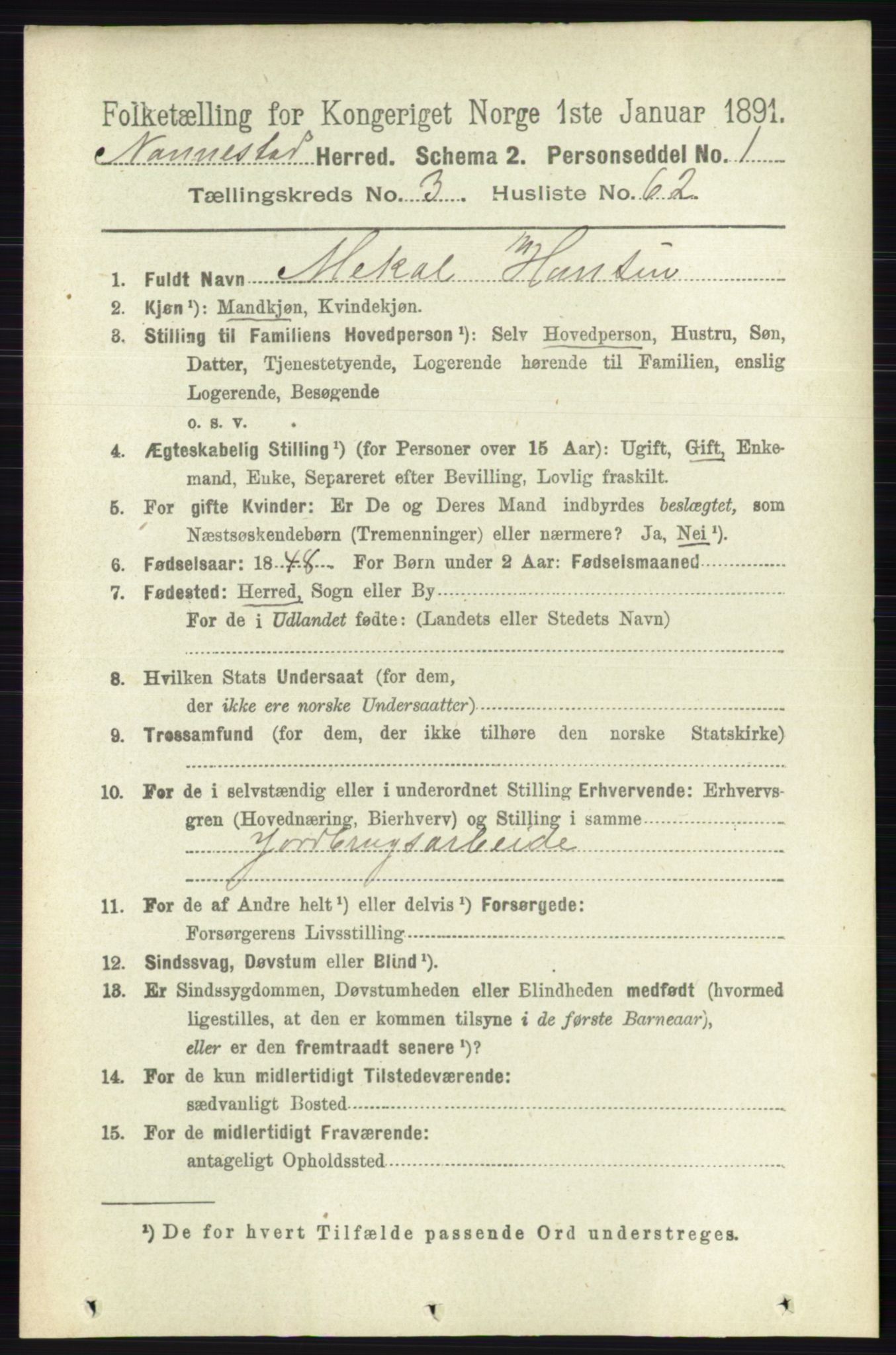 RA, 1891 census for 0238 Nannestad, 1891, p. 1822