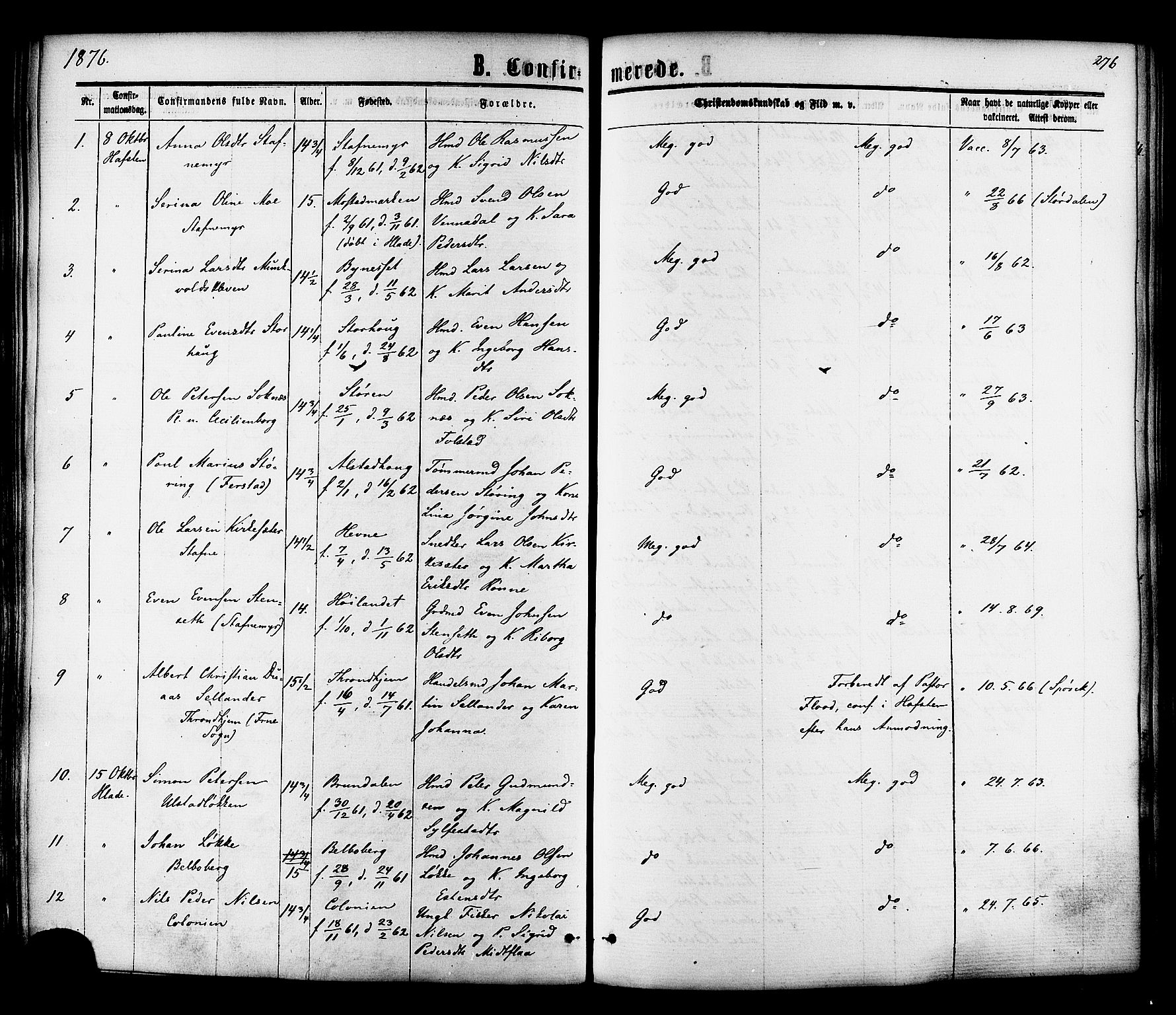 Ministerialprotokoller, klokkerbøker og fødselsregistre - Sør-Trøndelag, SAT/A-1456/606/L0293: Parish register (official) no. 606A08, 1866-1877, p. 276