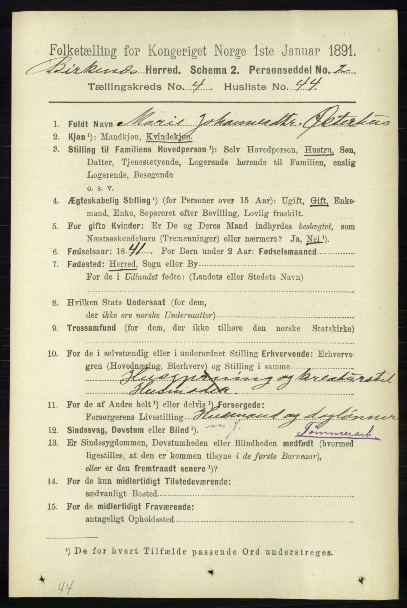 RA, 1891 Census for 0928 Birkenes, 1891, p. 1488