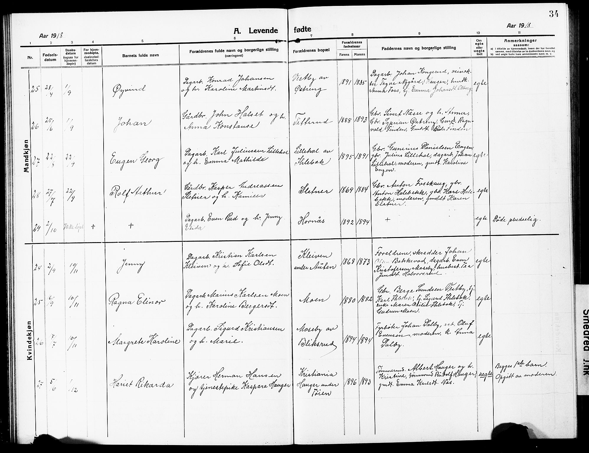 Høland prestekontor Kirkebøker, AV/SAO-A-10346a/G/Ga/L0008: Parish register (copy) no. I 8, 1915-1929, p. 34