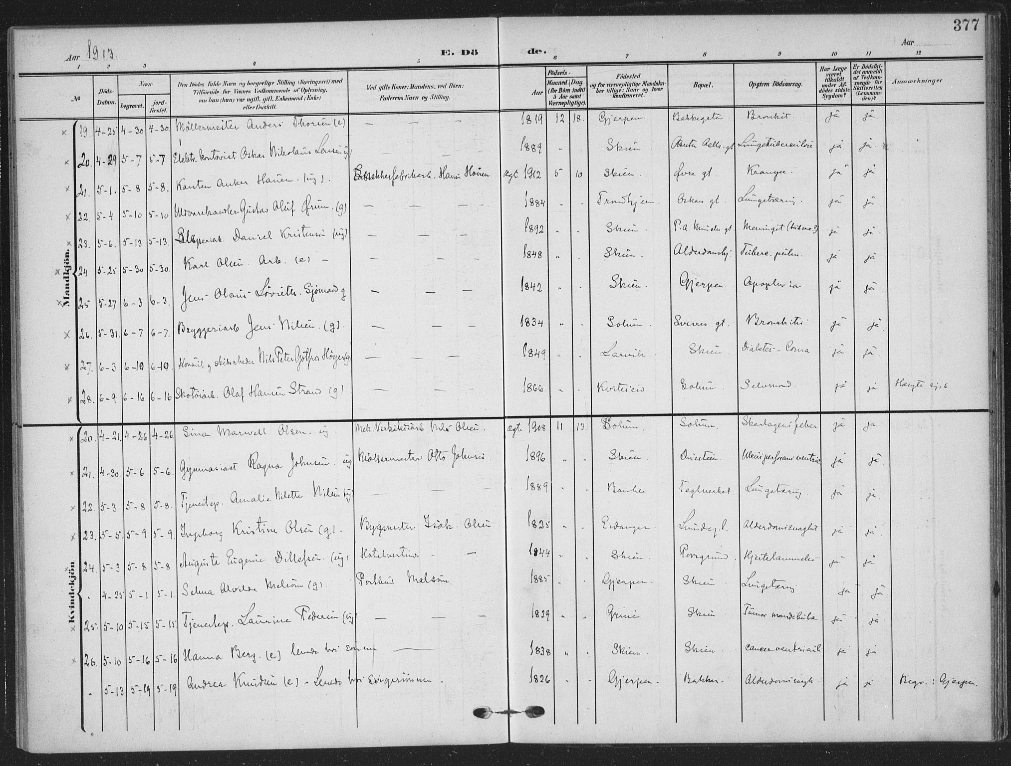 Skien kirkebøker, SAKO/A-302/F/Fa/L0012: Parish register (official) no. 12, 1908-1914, p. 377