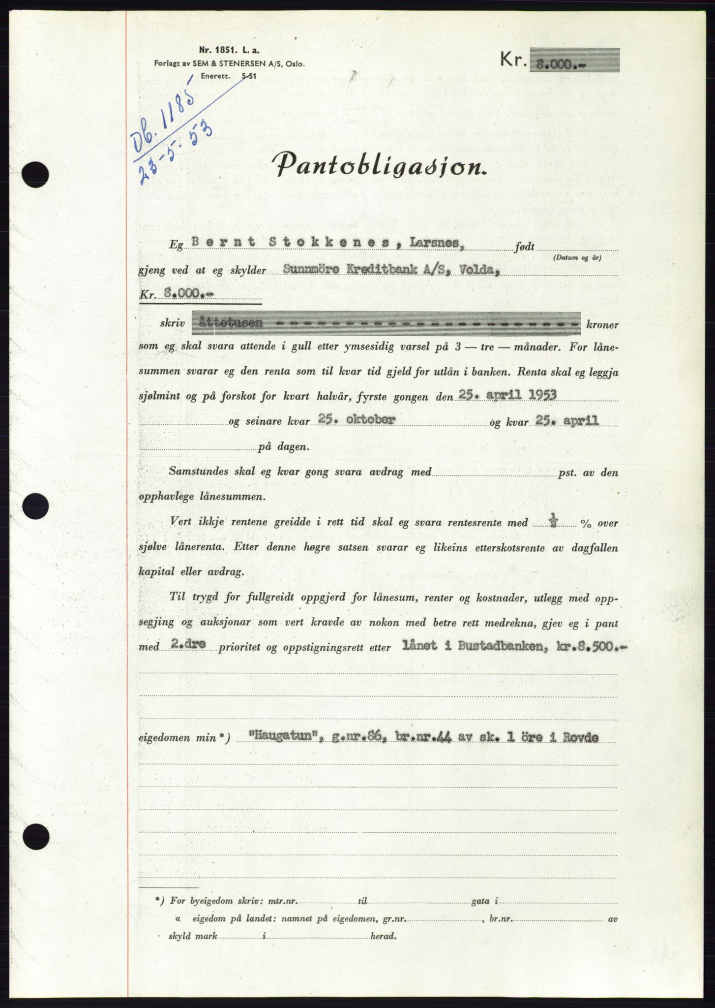 Søre Sunnmøre sorenskriveri, AV/SAT-A-4122/1/2/2C/L0123: Mortgage book no. 11B, 1953-1953, Diary no: : 1185/1953