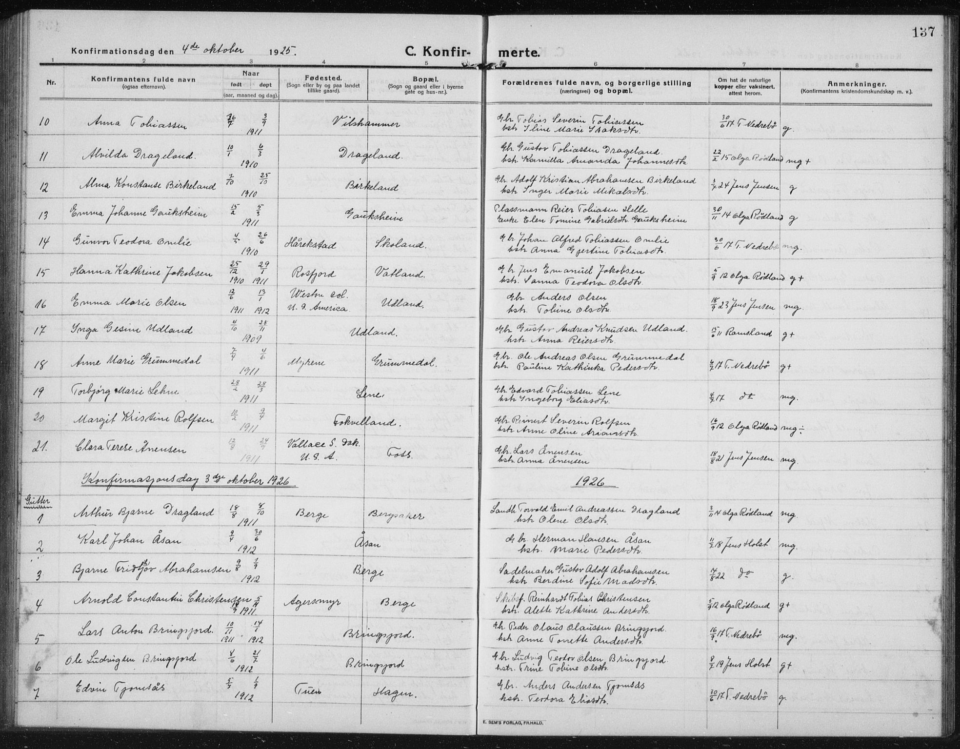 Lyngdal sokneprestkontor, AV/SAK-1111-0029/F/Fb/Fbc/L0006: Parish register (copy) no. B 6, 1914-1934, p. 137