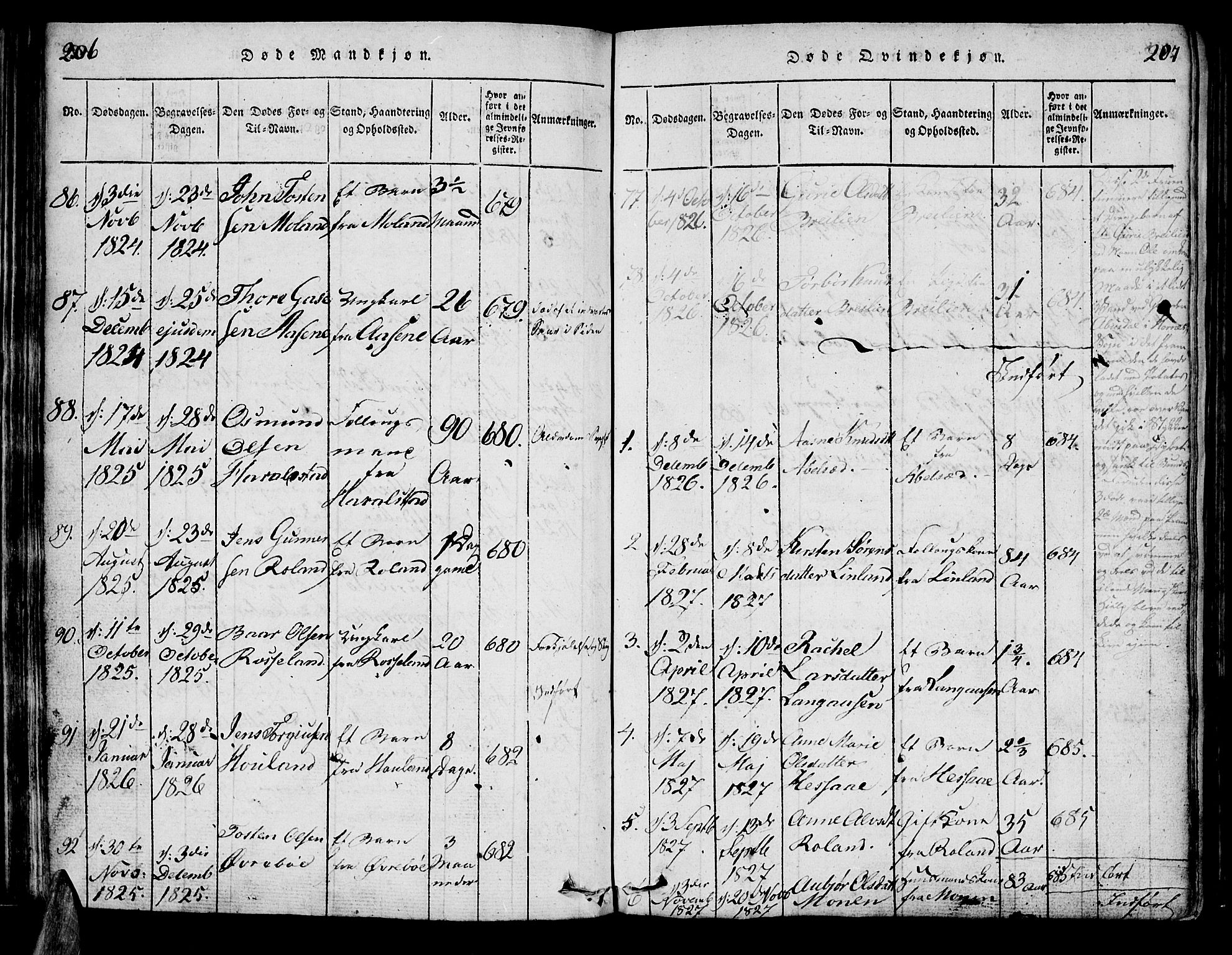 Bjelland sokneprestkontor, SAK/1111-0005/F/Fa/Faa/L0002: Parish register (official) no. A 2, 1816-1866, p. 206-207