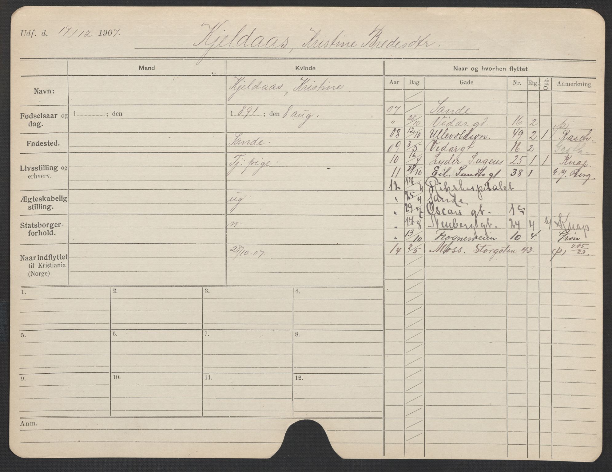 Oslo folkeregister, Registerkort, SAO/A-11715/F/Fa/Fac/L0018: Kvinner, 1906-1914, p. 1025a