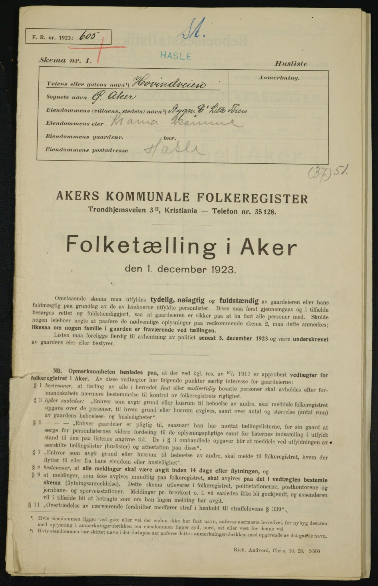 , Municipal Census 1923 for Aker, 1923, p. 26401