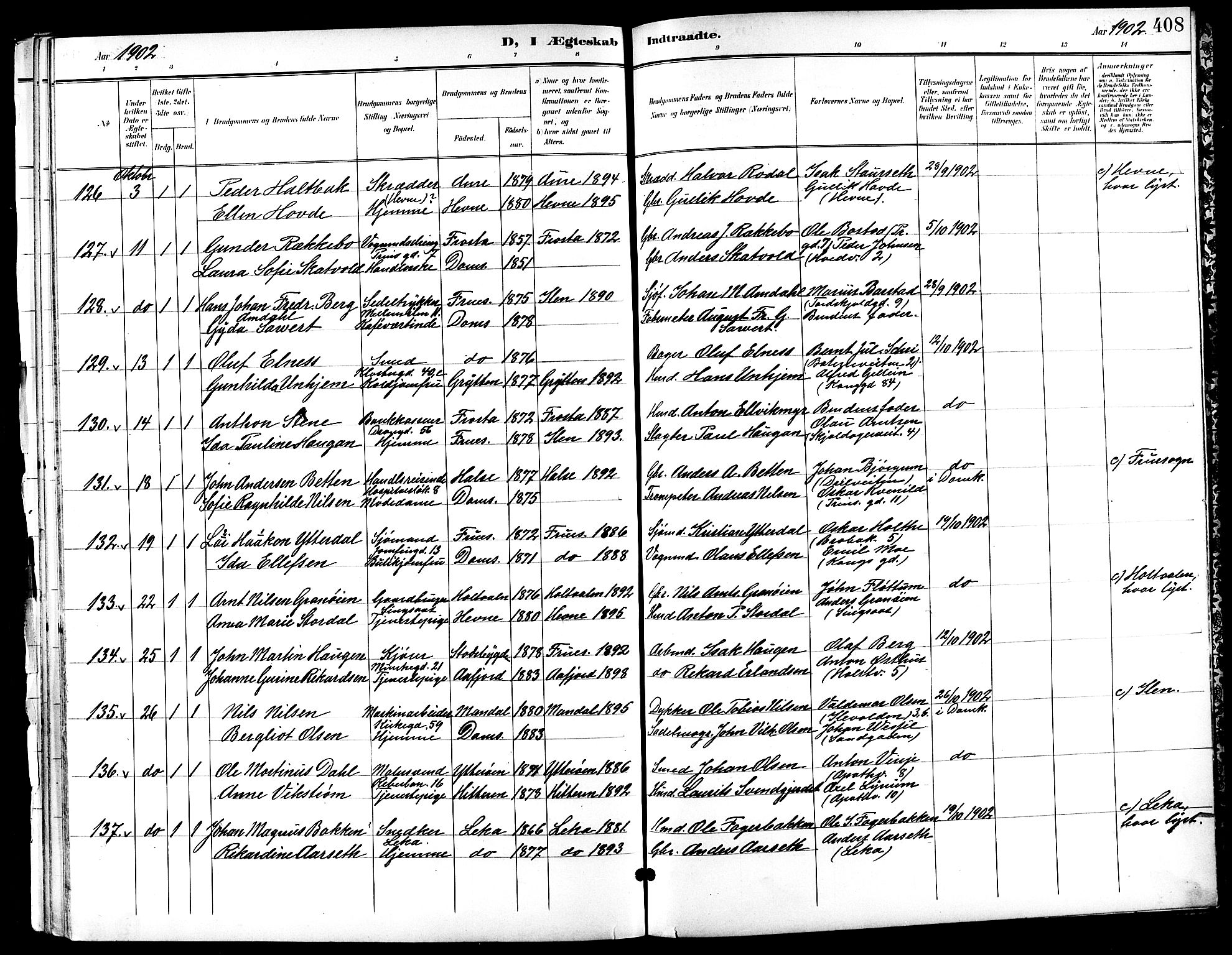 Ministerialprotokoller, klokkerbøker og fødselsregistre - Sør-Trøndelag, SAT/A-1456/601/L0094: Parish register (copy) no. 601C12, 1898-1911, p. 408