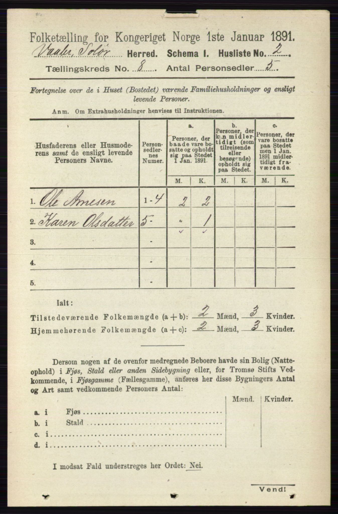 RA, 1891 census for 0426 Våler, 1891, p. 3260