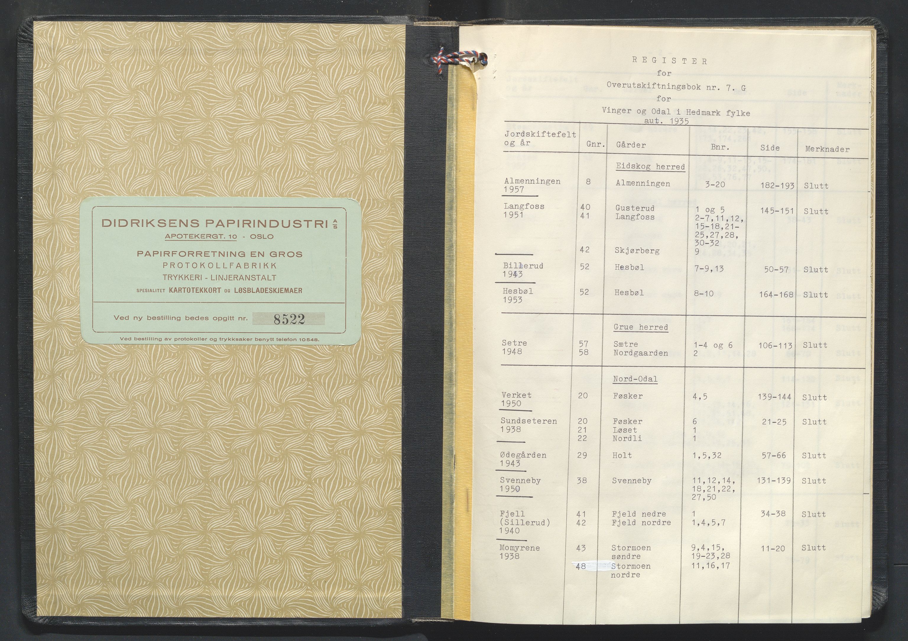 Glåmdal jordskifterett, AV/SAH-JORDSKIFTEH-003/G/Ga/L0004/0001: Rettsbøker / Rettsbok, overutskiftninger - nr. G7, 1937-1957